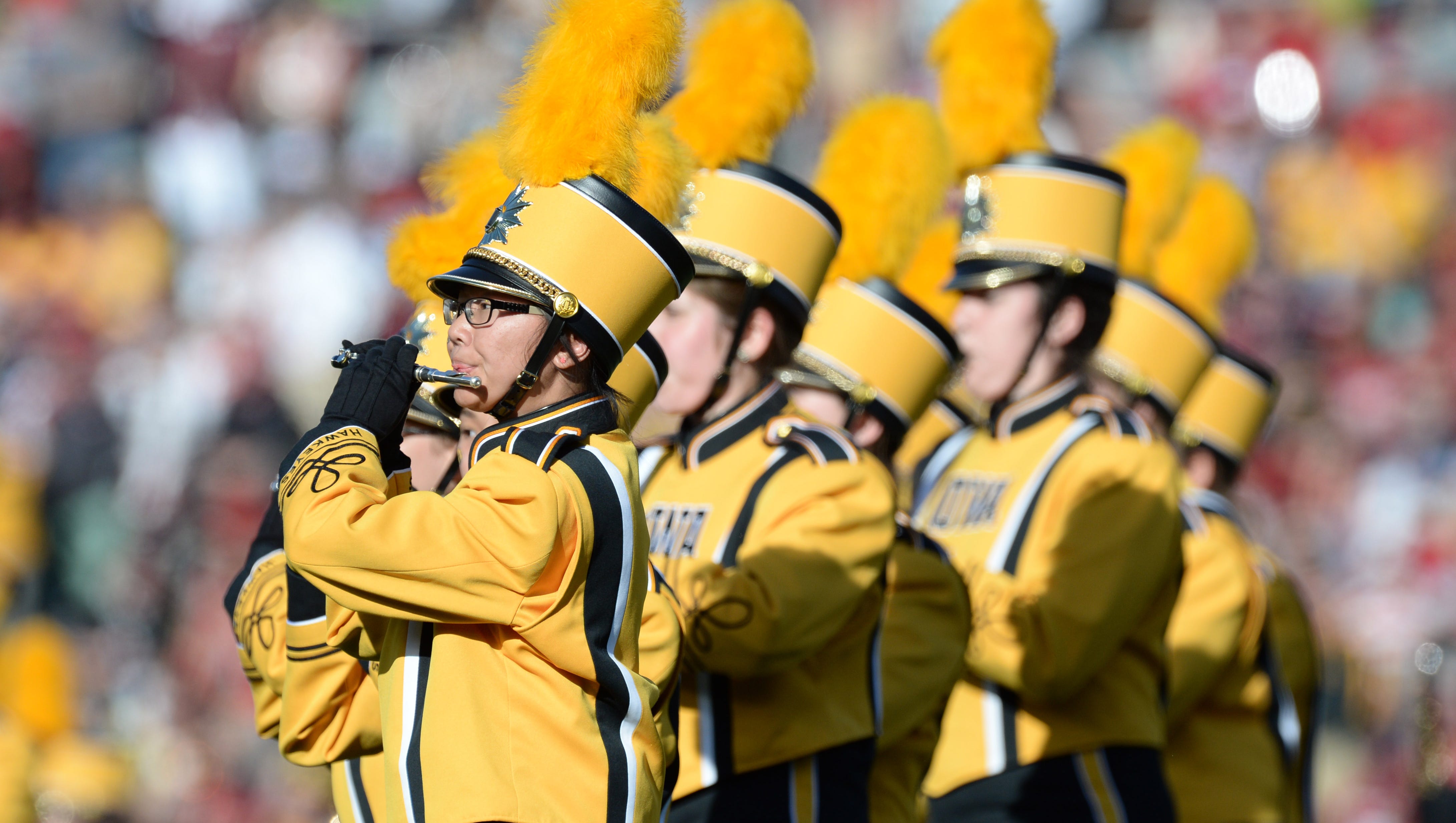 The Iowa Hawkeyes band performs before the game between the Iowa Hawkeyes and the Stanford Cardinal in the 2016 Rose Bowl at Rose Bowl.