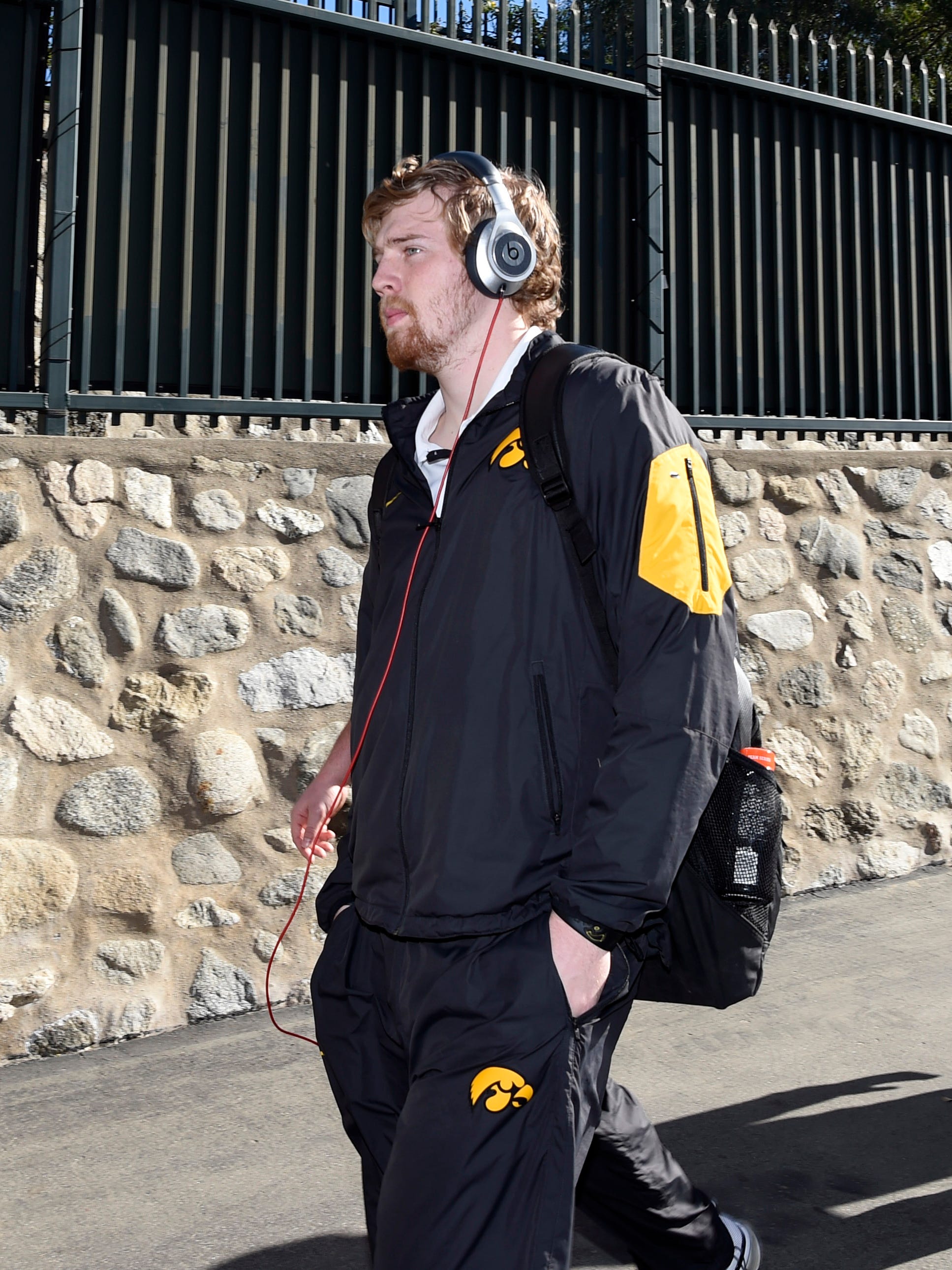 Iowa Hawkeyes quarterback C.J. Beathard (16) arrives before the game between the Iowa Hawkeyes and the Stanford Cardinal in the 2016 Rose Bowl at Rose Bowl.