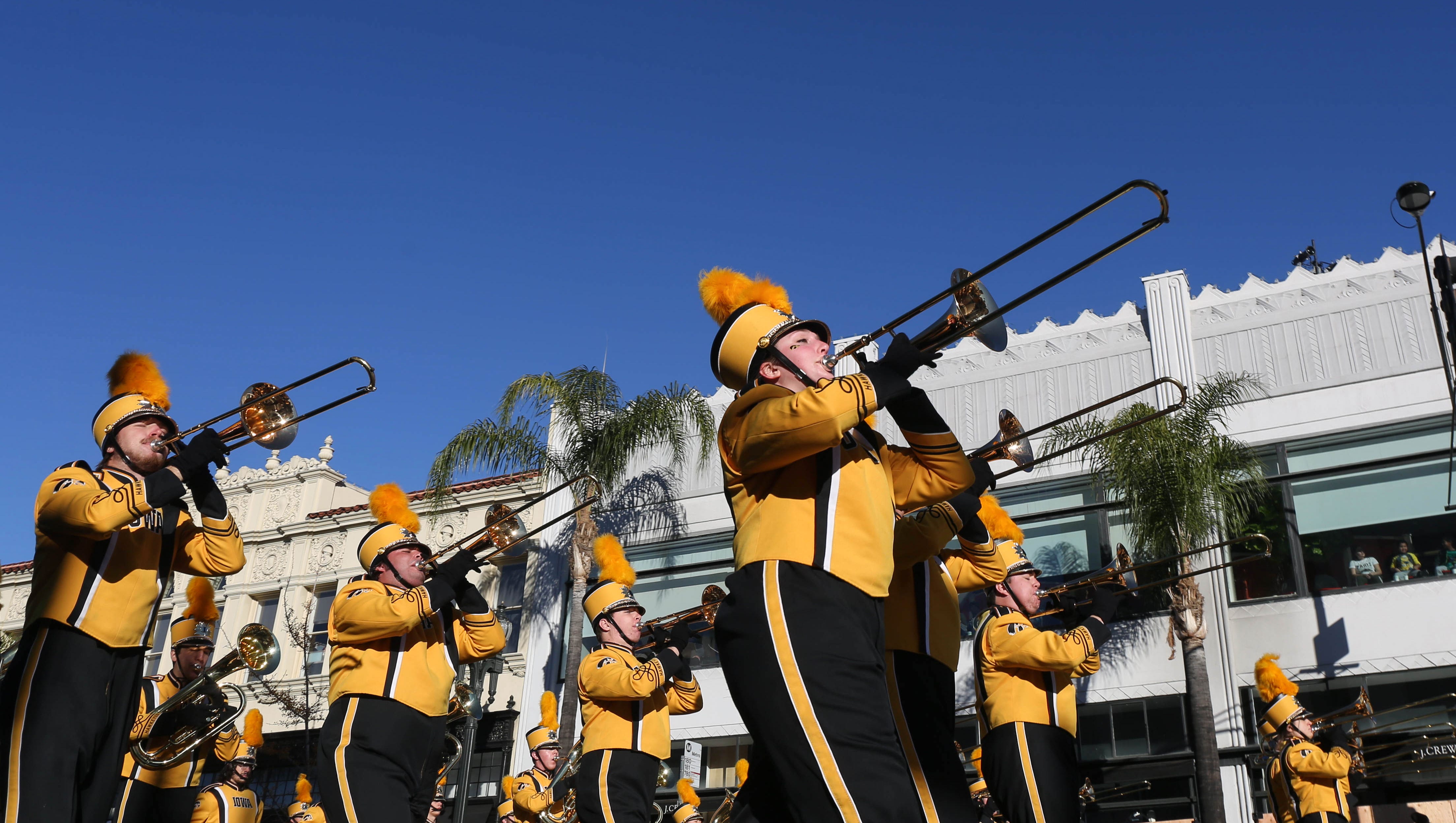 Members of the University of Iowa Marching Band perform as they march along Colorado Blvd. on Friday, Jan. 1, 2016, during the 2016 Tournament of Roses Parade in Pasadena, Calif.
