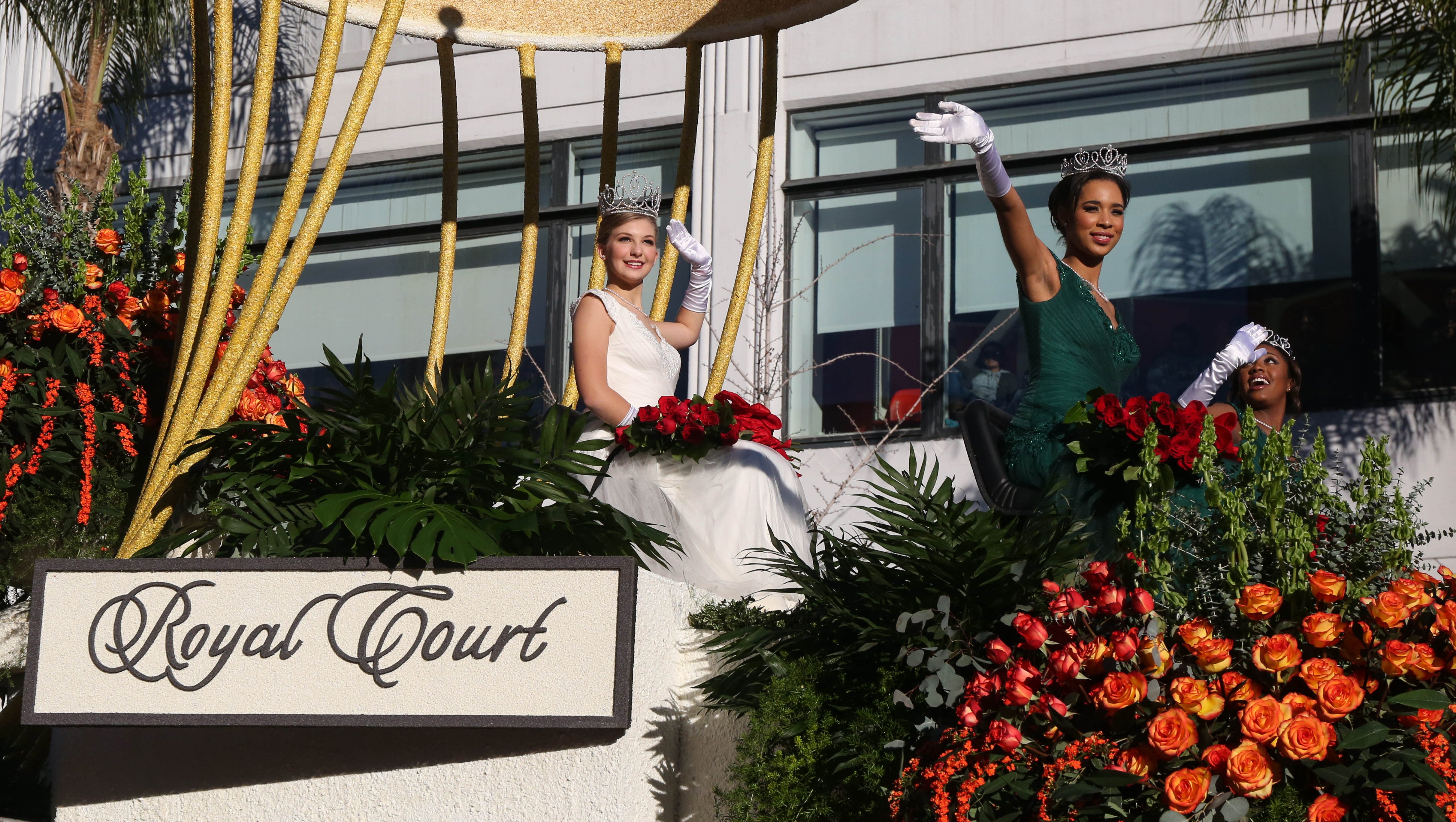 Members of the Royal Court wave to parade goers on Friday, Jan. 1, 2016, during the 2016 Tournament of Roses Parade in Pasadena, Calif.