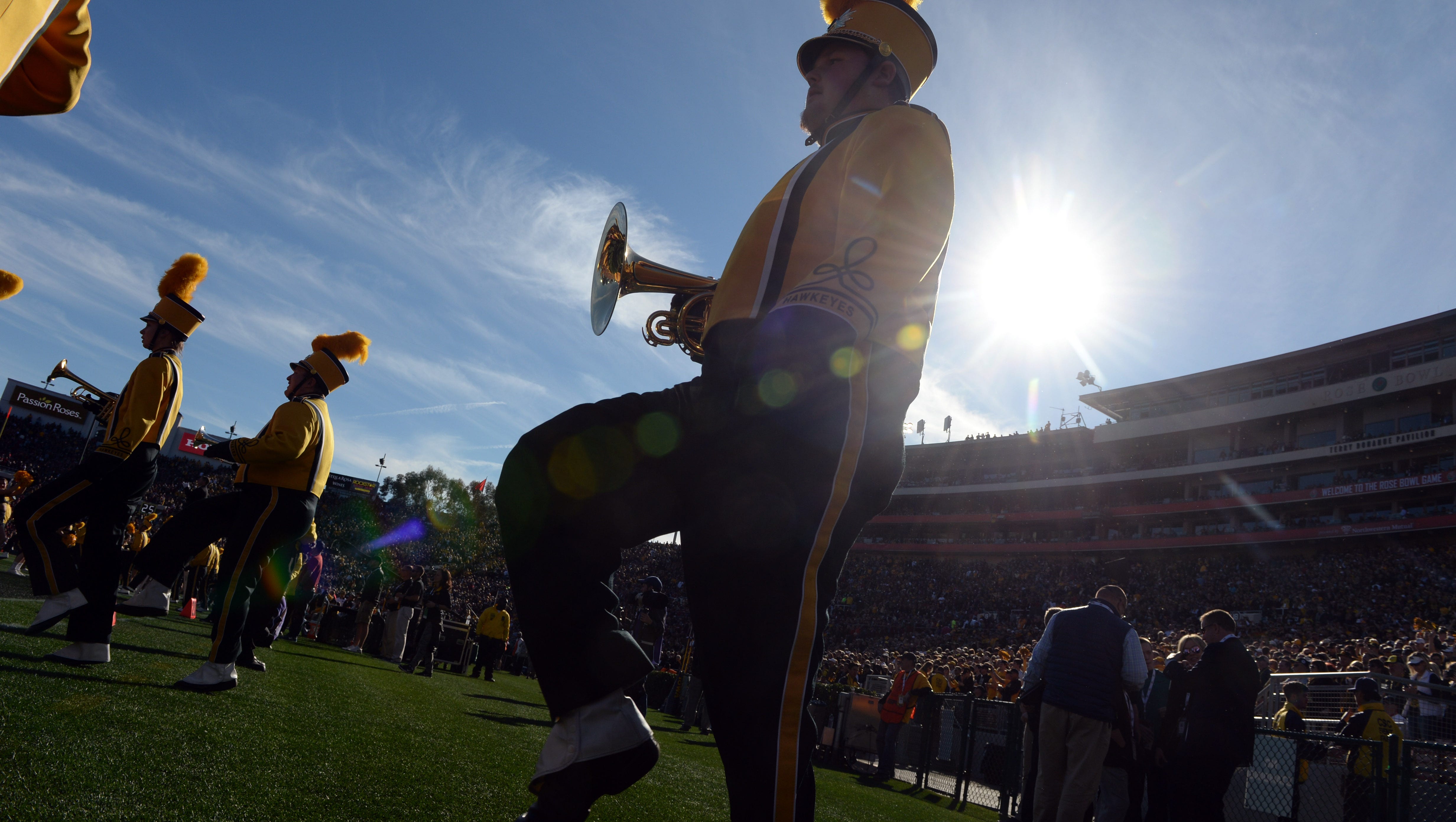The Iowa Hawkeyes marching band performs before the game between the Iowa Hawkeyes and the Stanford Cardinal in the 2016 Rose Bowl at Rose Bowl.