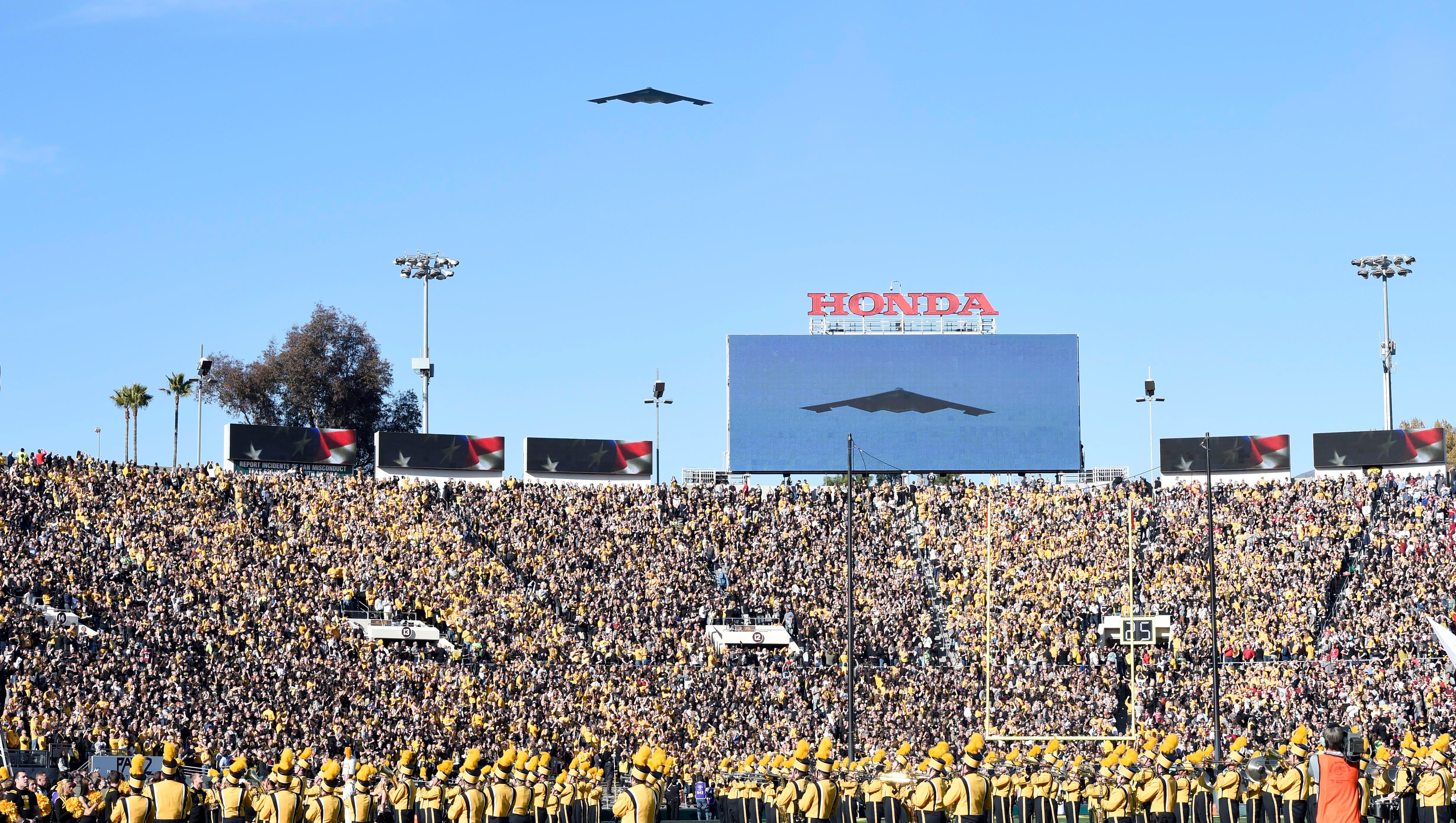 General view as the Iowa Hawkeyes band performs during the flyover before the game between the Iowa Hawkeyes and the Stanford Cardinal in the 2016 Rose Bowl at Rose Bowl.