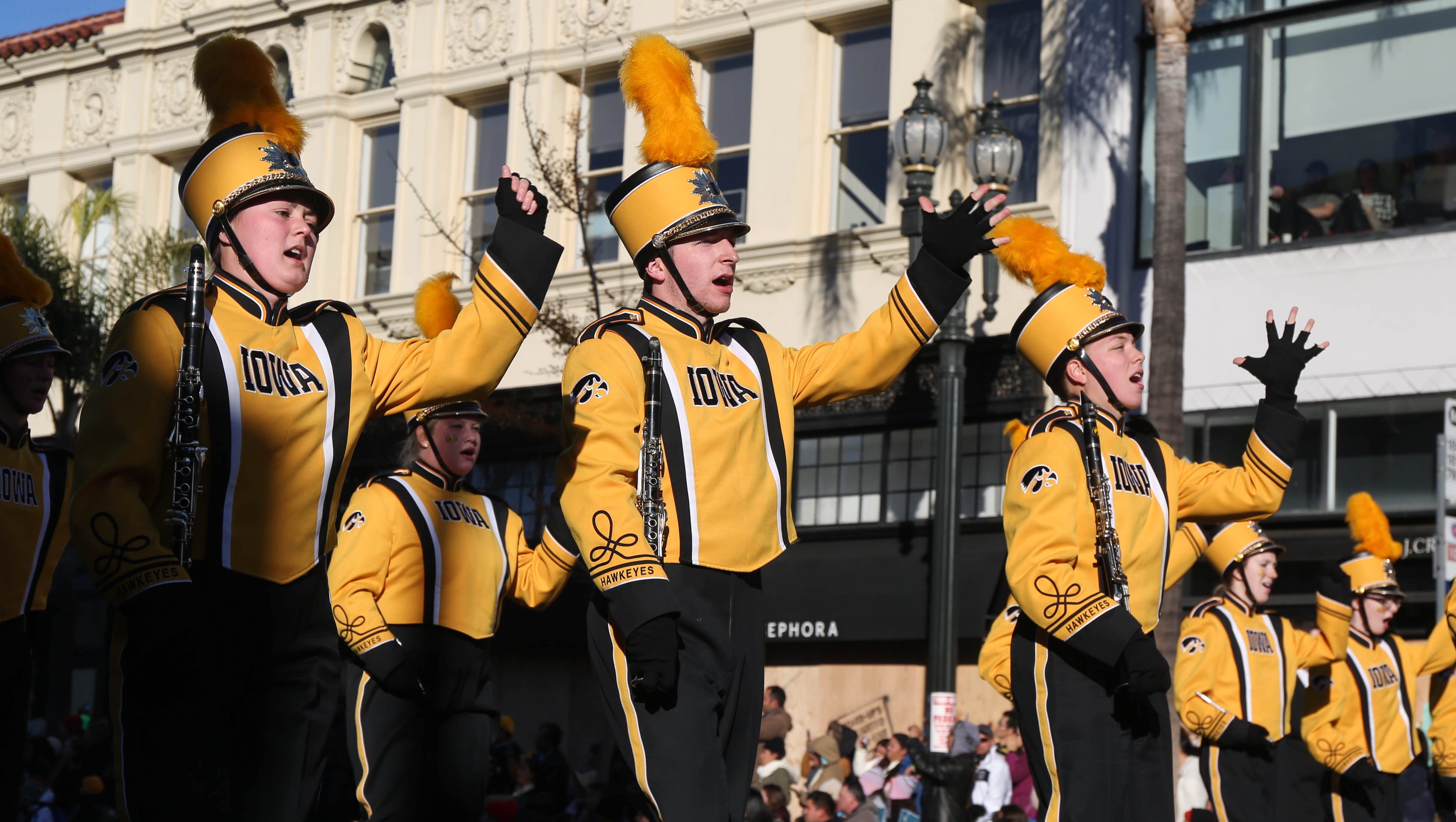 Members of the University of Iowa Marching Band perform as they march along Colorado Blvd. on Friday, Jan. 1, 2016, during the 2016 Tournament of Roses Parade in Pasadena, Calif.