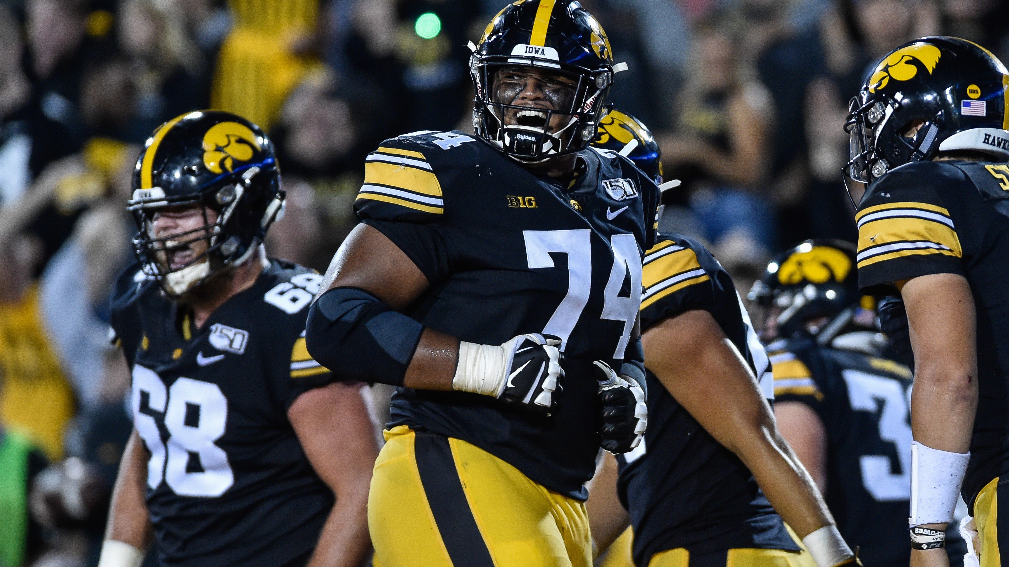 Aug 31, 2019; Iowa City, IA, USA; Iowa Hawkeyes offensive lineman Tristan Wirfs (74) reacts during the game against the Miami (Oh) Redhawks at Kinnick Stadium. Mandatory Credit: Jeffrey Becker-USA TODAY Sports