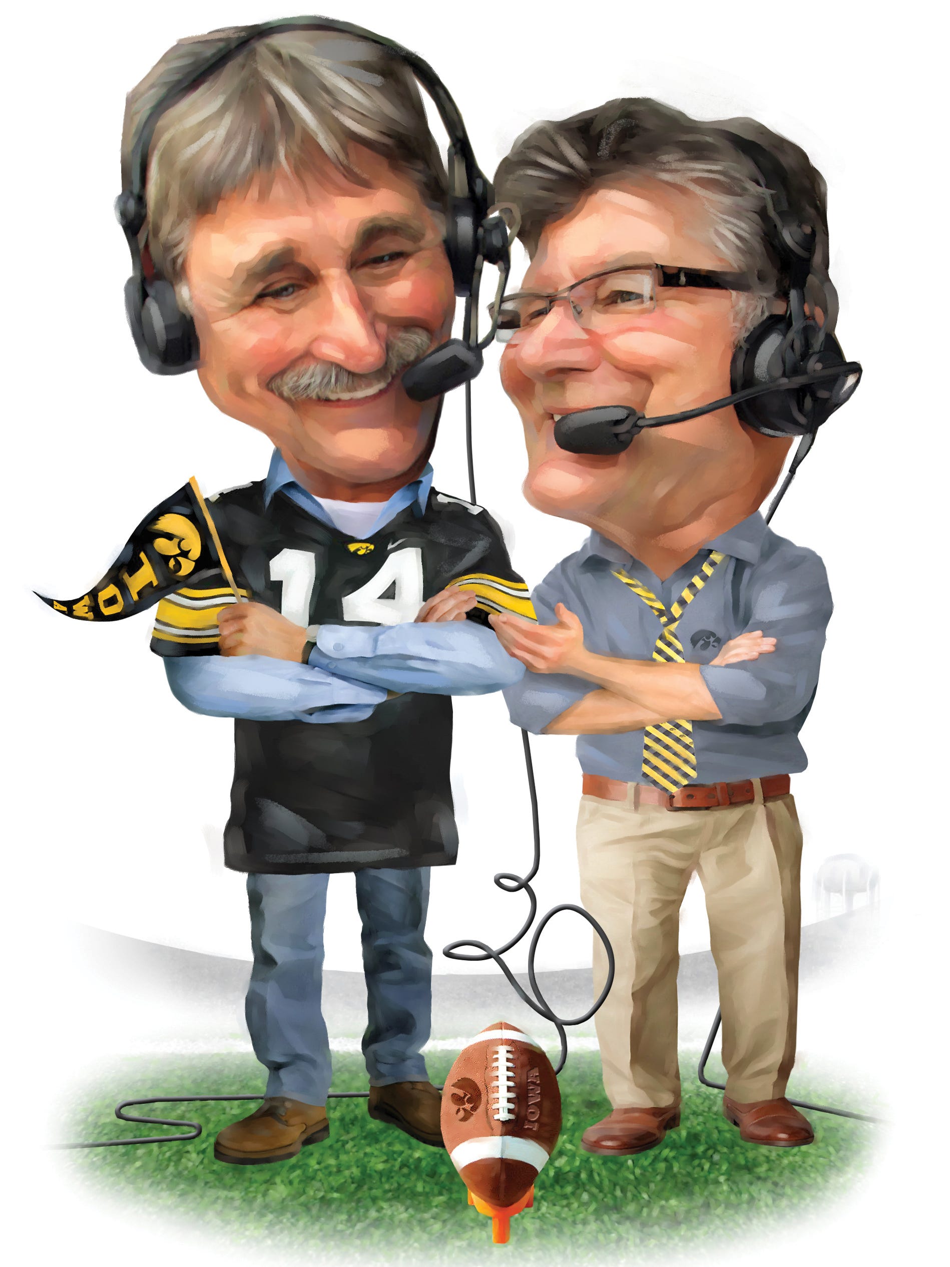 An illustration of Hawkeye football radio announcers Ed Podolak and Gary Dolphin as they enter their 20th season in the booth together.