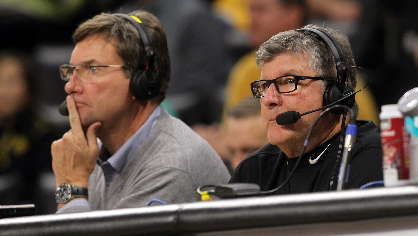 Gary Dolphin, right, and Bobby Hansen call the Hawkeyes' game against Stetson at Carver-Hawkeye Arena on Monday, Dec. 5, 2016.