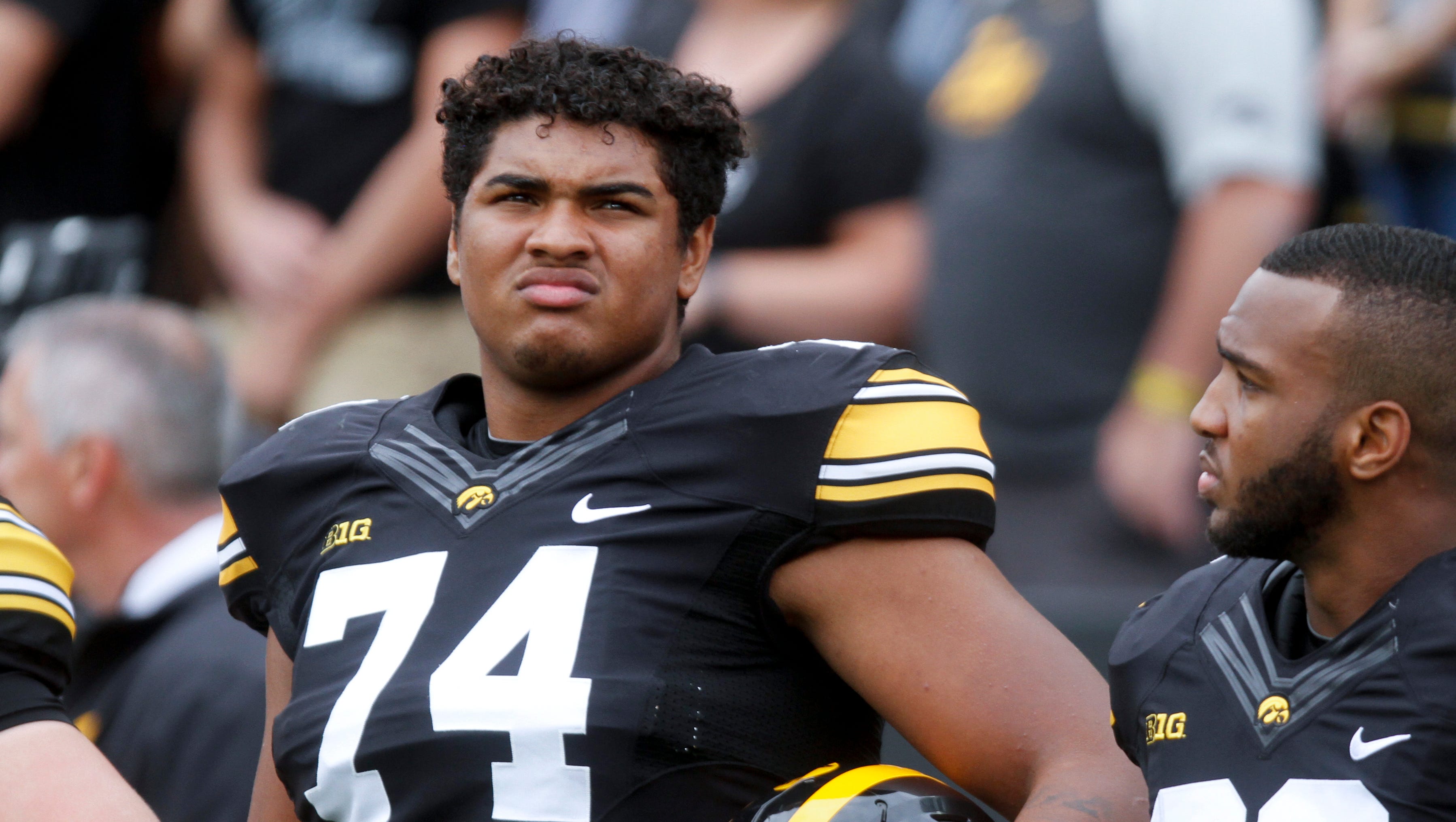 Iowa offensive lineman Tristan Wirfs looks on before the game against the Wyoming Cowboys on September 2, 2017 at Kinnick Stadium.