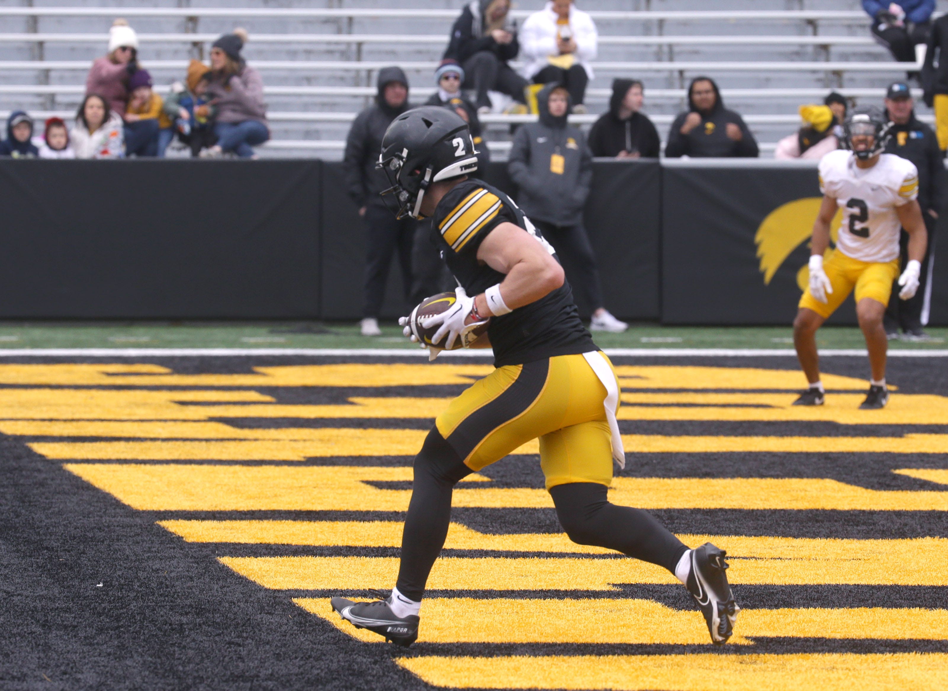 Iowa Hawkeyes wide receiver Kaden Wetjen (21) makes a catch in the endzone during an open spring practice Saturday, April 20, 2024 at Kinnick Stadium in Iowa City, Iowa.