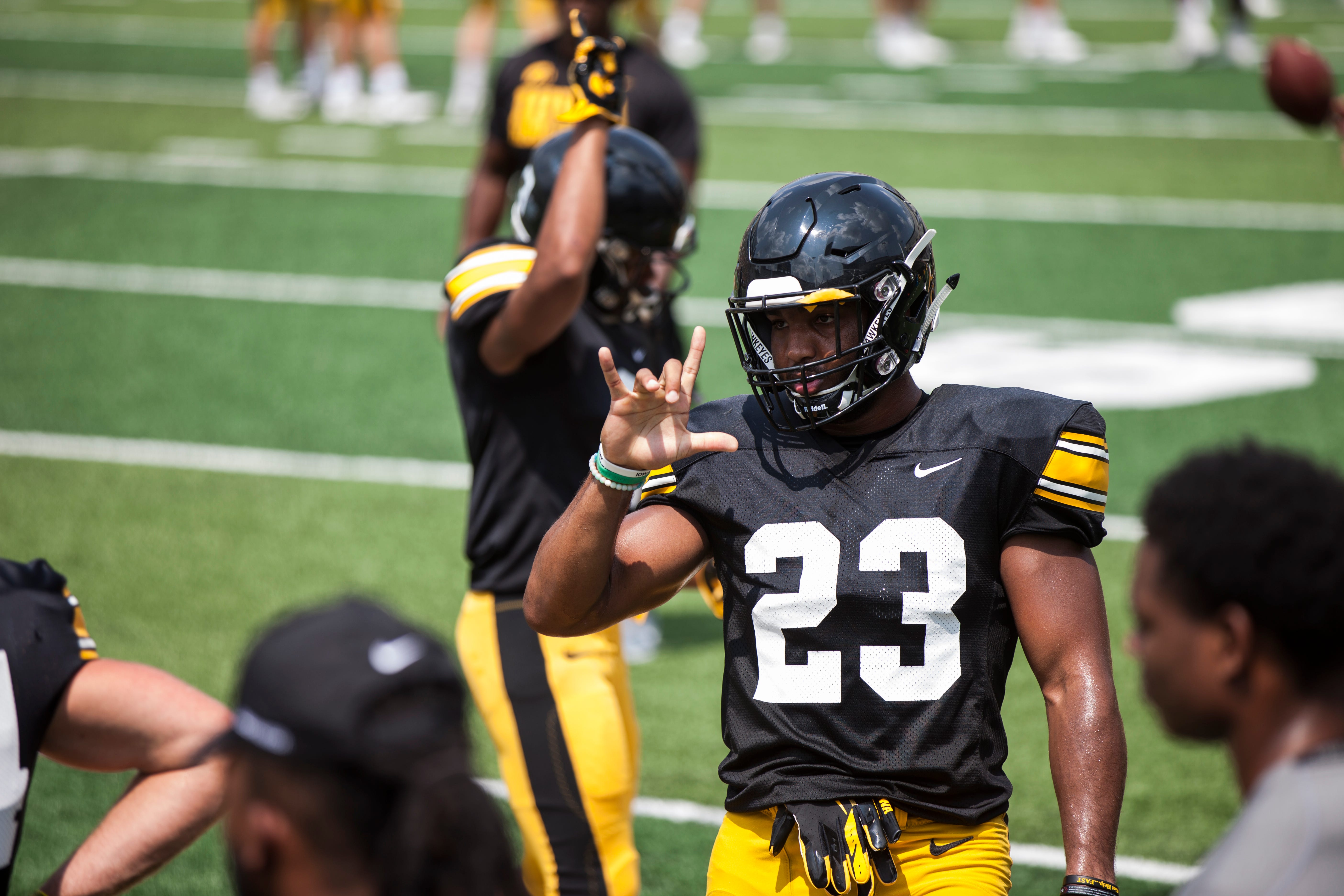 Iowa wide receiver Dominique Dafney gestures during a Kids Day practice on Saturday, Aug. 11, 2018, at Kinnick Stadium in Iowa City.