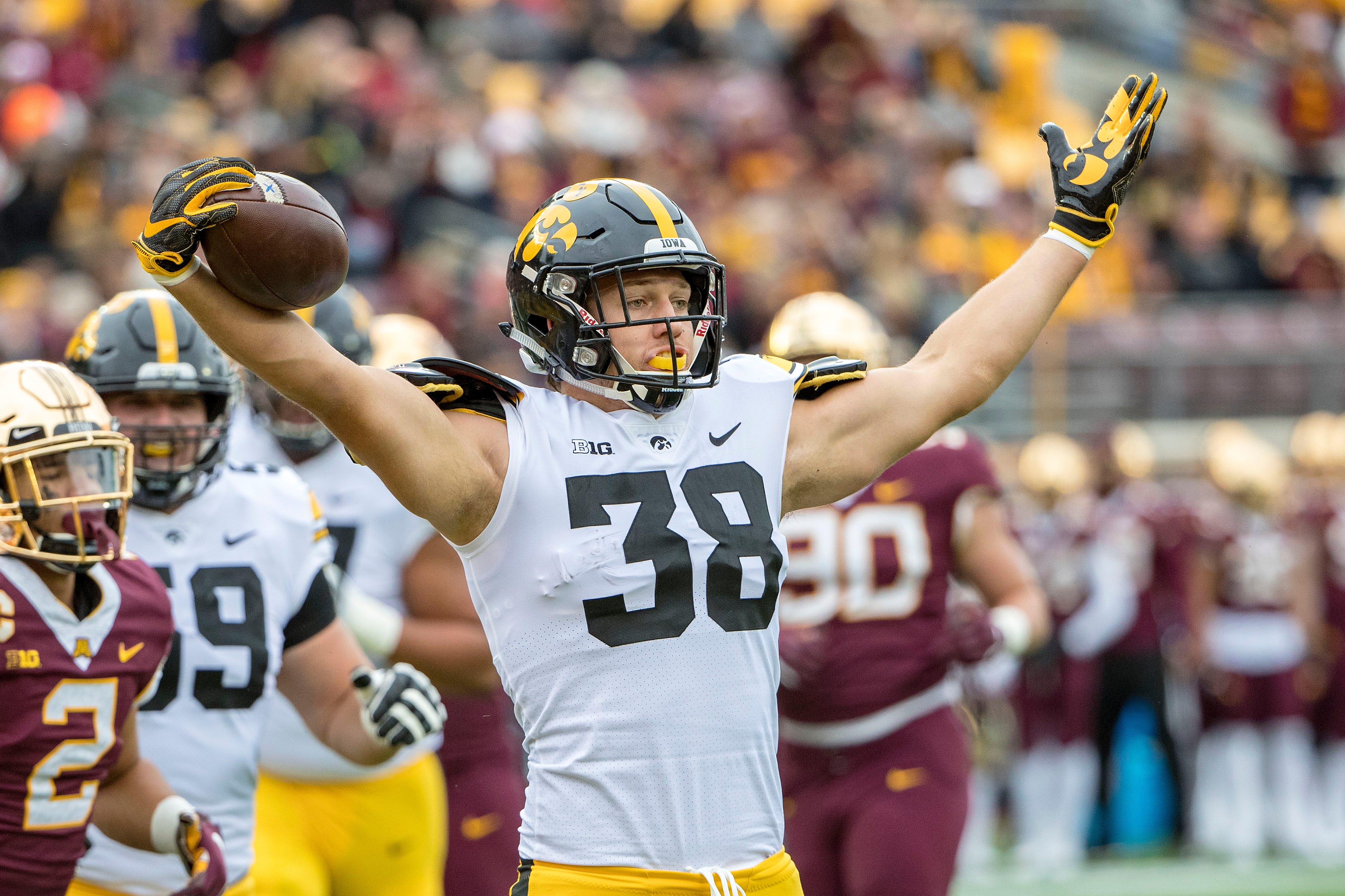 Oct 6, 2018; Minneapolis, MN, USA; Iowa Hawkeyes tight end T.J. Hockenson (38) celebrates after scoring a touchdown against the Minnesota Golden Gophers in the first quarter at TCF Bank Stadium. Mandatory Credit: Jesse Johnson-USA TODAY Sports