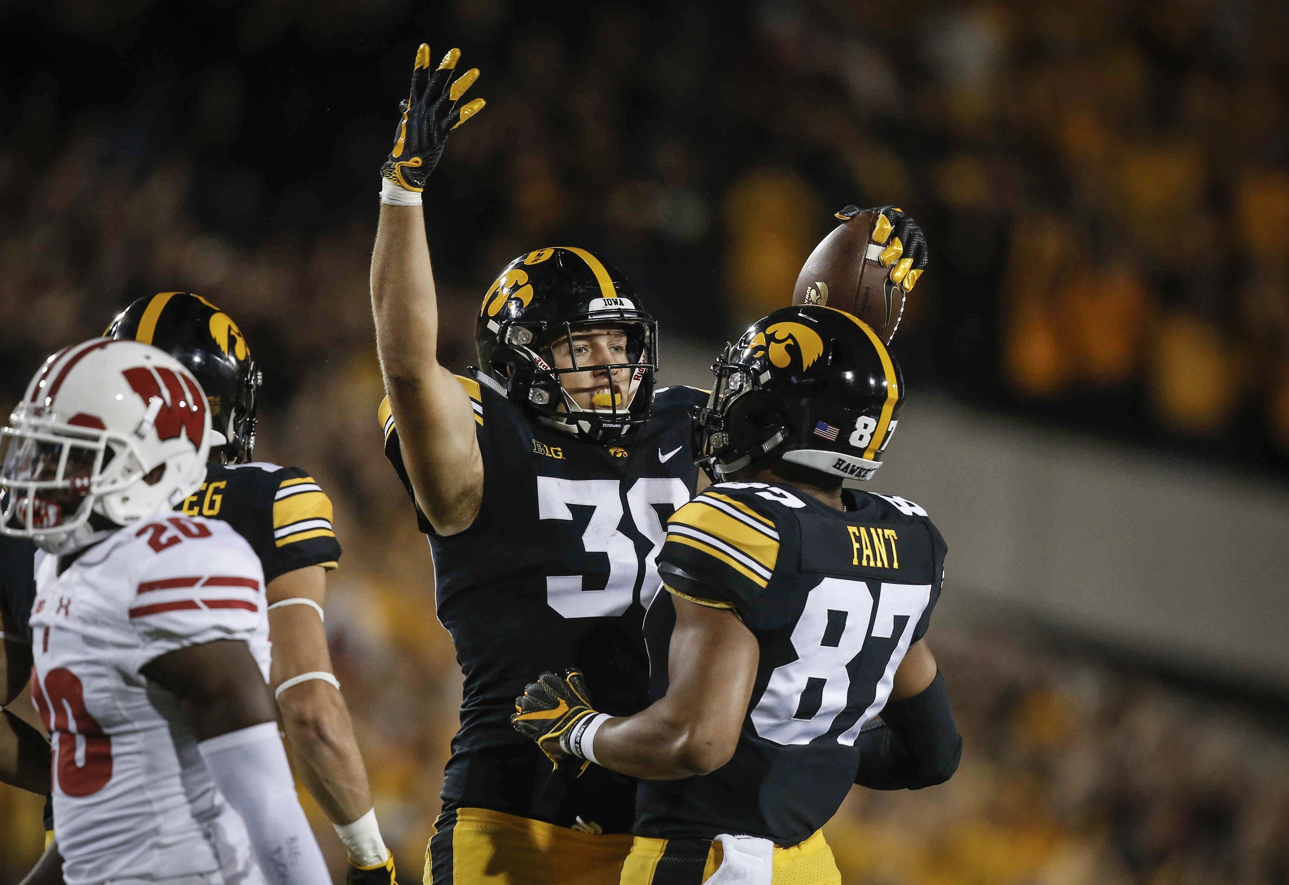Tight end T.J. Hockenson, left, is Iowa's team leader in receiving yards (287). Tight end Noah Fant, right, is Iowa's leader in receptions (19) and touchdowns (five). The pair has combined for 37 catches for 483 yards and seven receiving touchdowns. Hockenson also has a rushing TD.