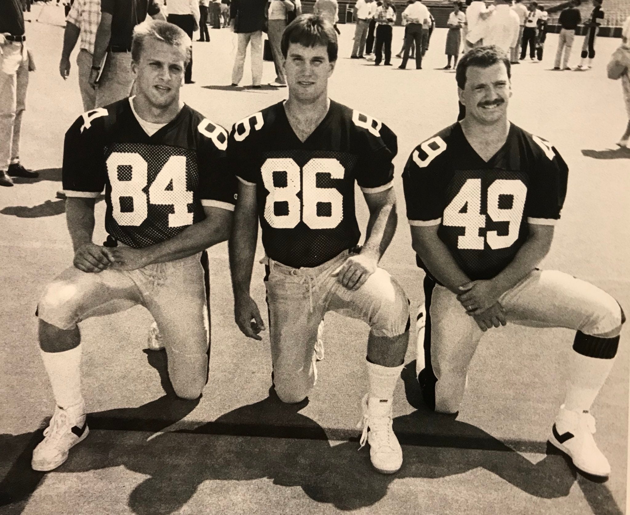 University of Iowa tights ends in 1987: Left to right, Hawkeyes Marv Cook, Mike Flagg and Craig Clark.