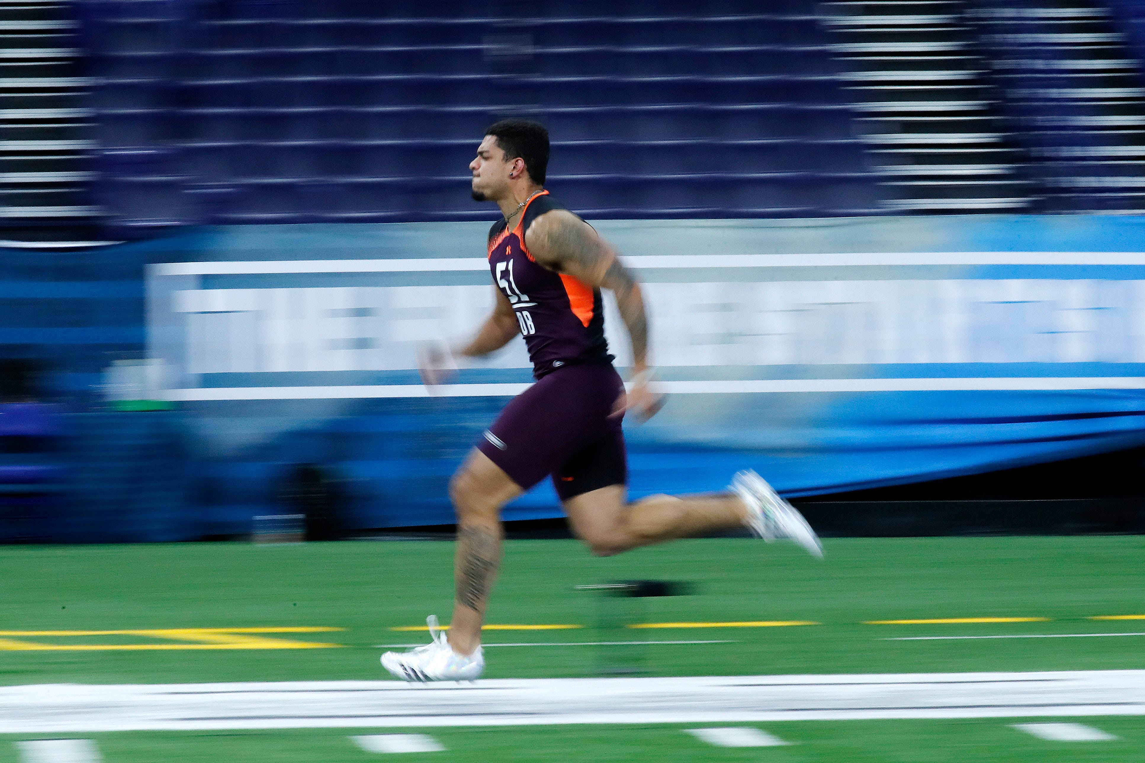 Iowa defensive back Amani Hooker runs the 40 yard dash during the 2019 NFL Combine at Lucas Oil Stadium.