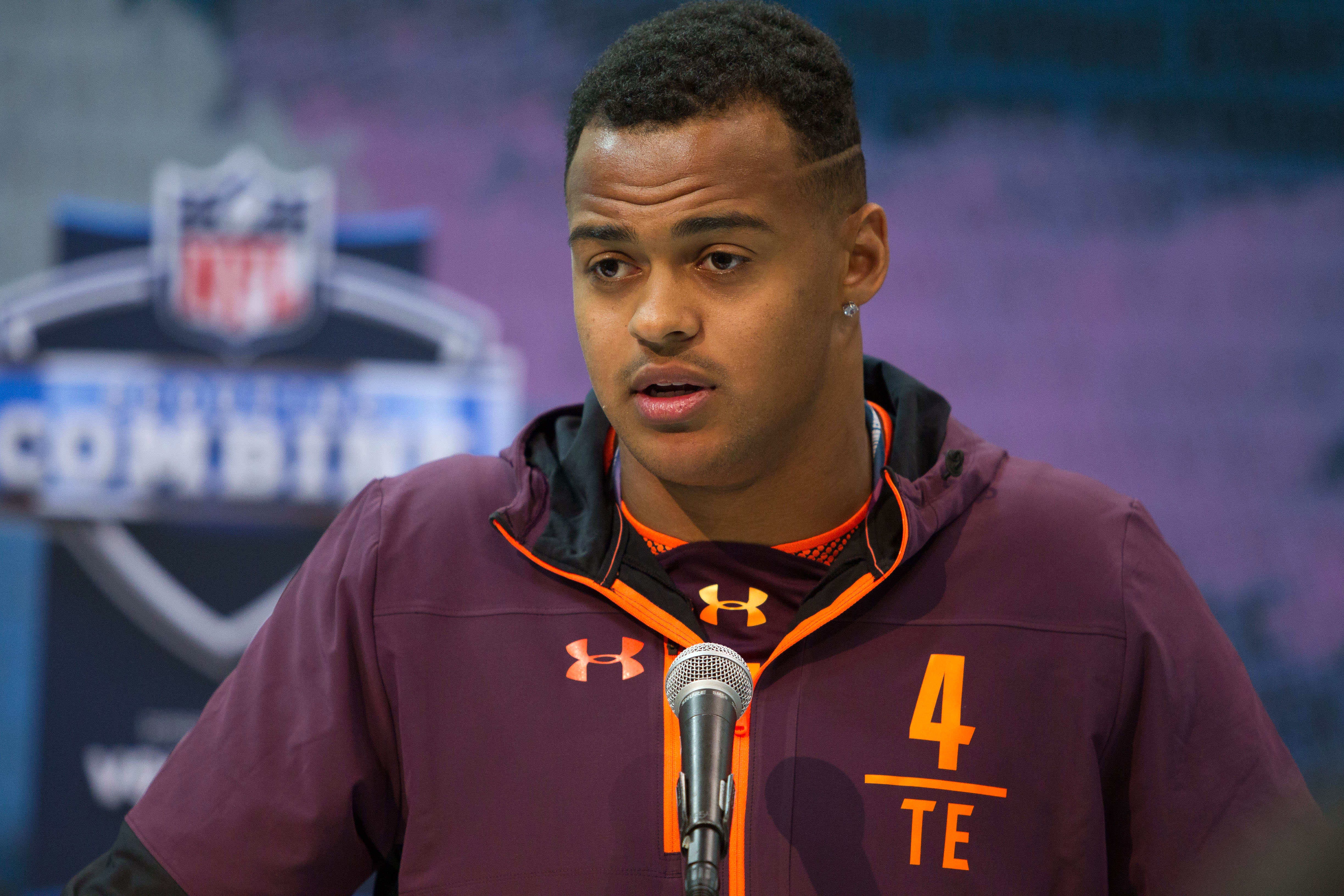 Iowa tight end Noah Fant speaks to media during the 2019 NFL Combine at the Indiana Convention Center.
