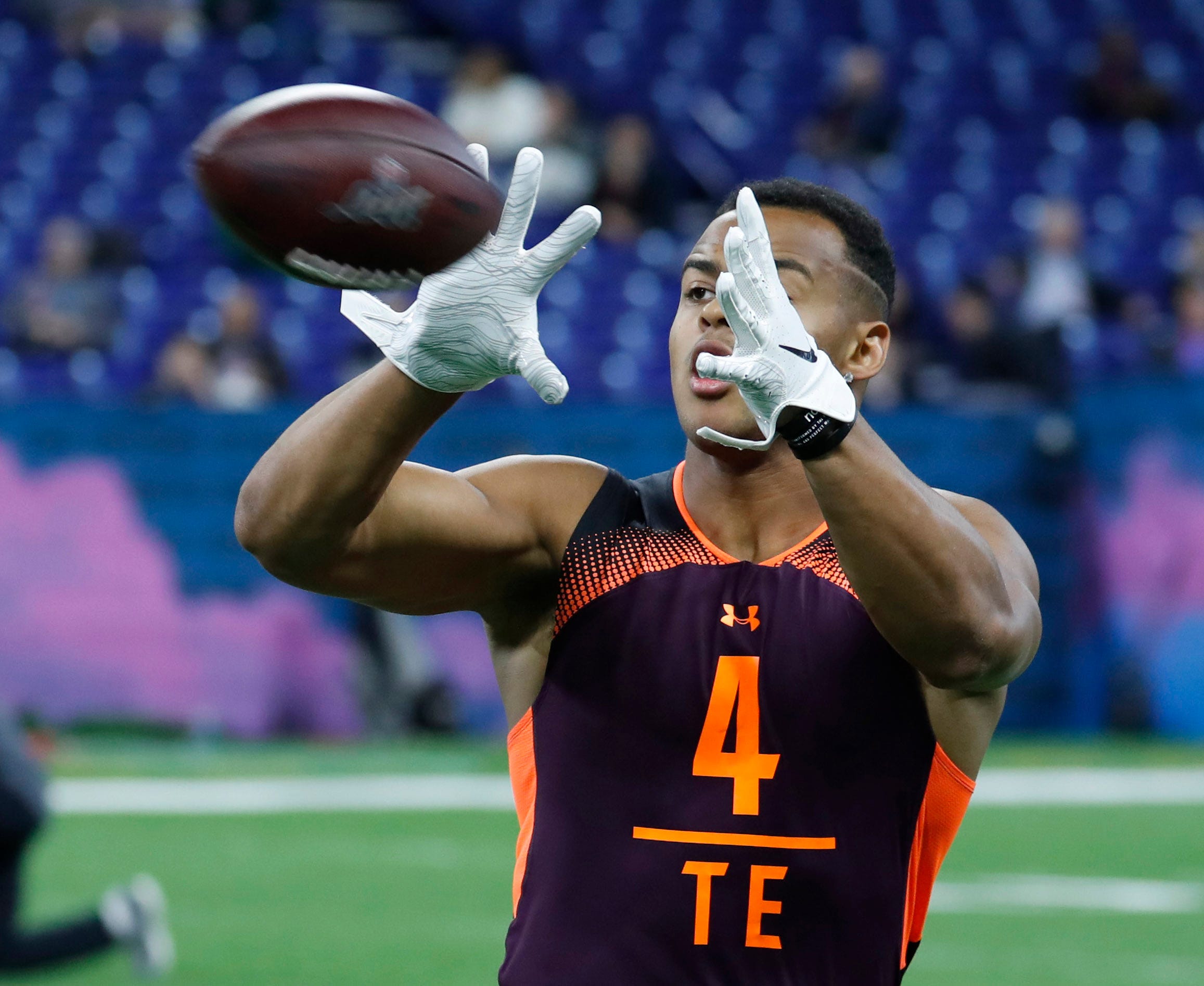 Iowa tight end Noah Fant goes through pass catching drills during the 2019 NFL Combine at Lucas Oil Stadium