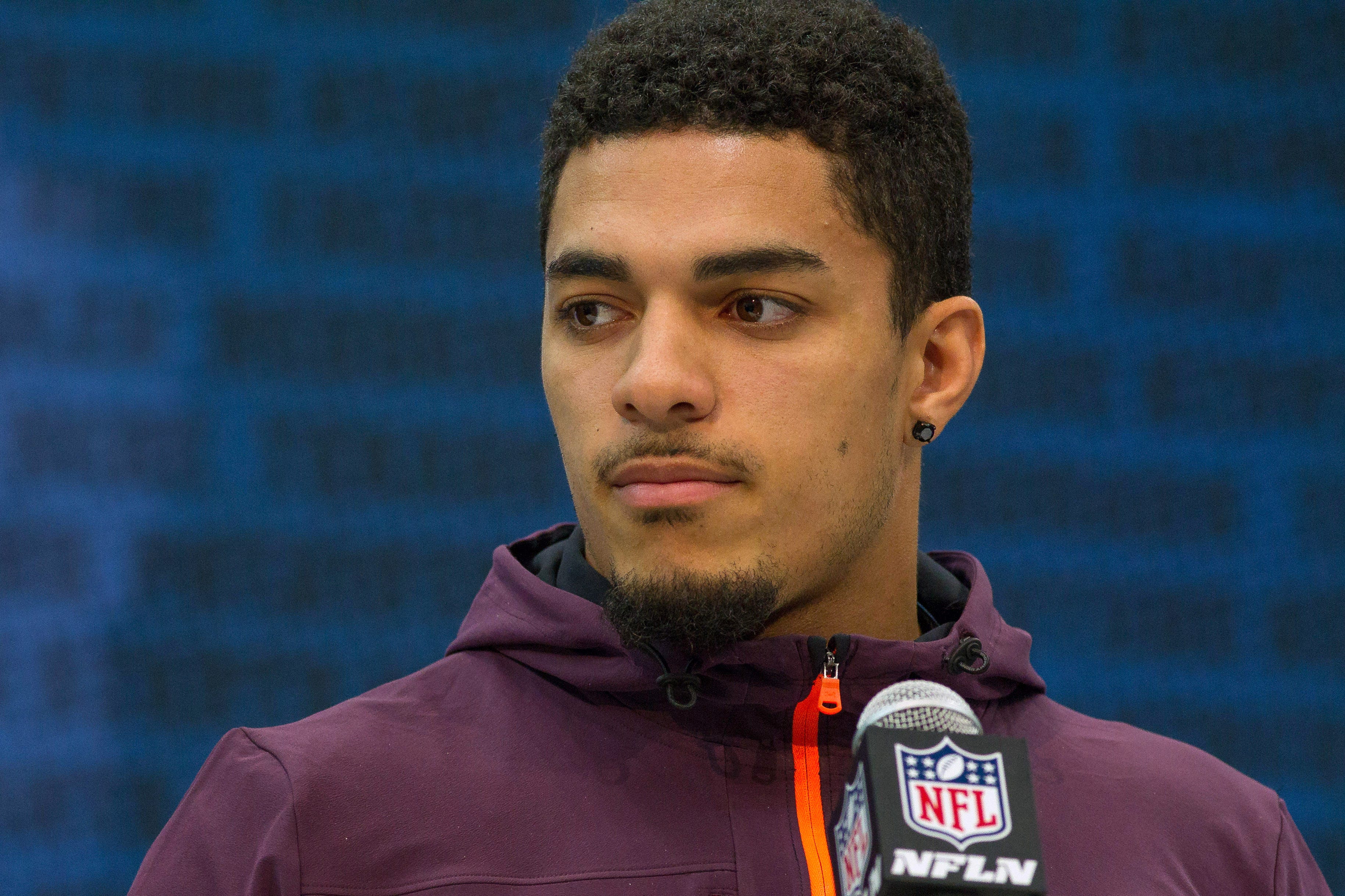 Iowa defensive back Amani Hooker speaks to media during the 2019 NFL Combine at the Indiana Convention Center.