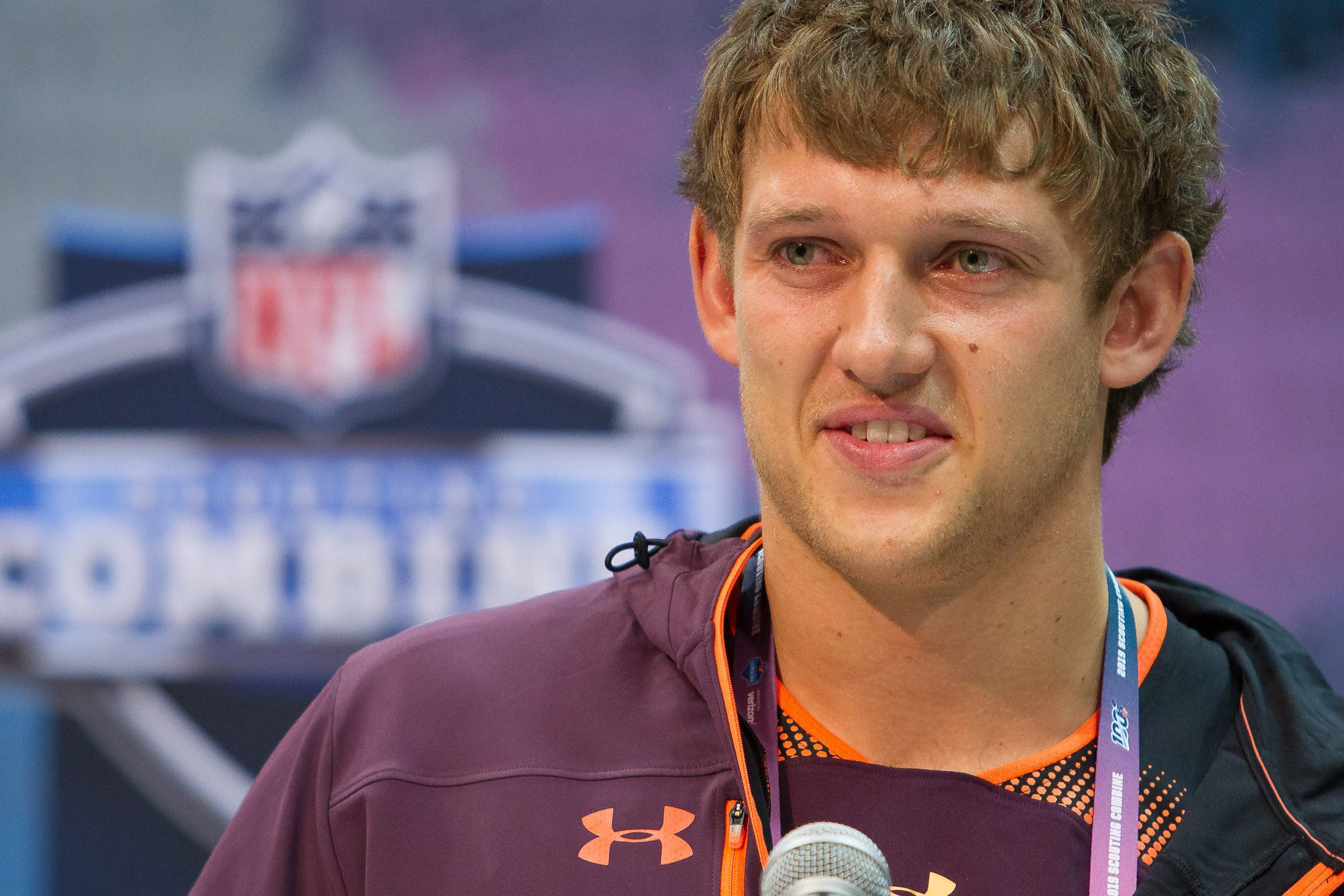 Iowa tight end T J Hockenson speaks to media during the 2019 NFL Combine at the Indiana Convention Center.
