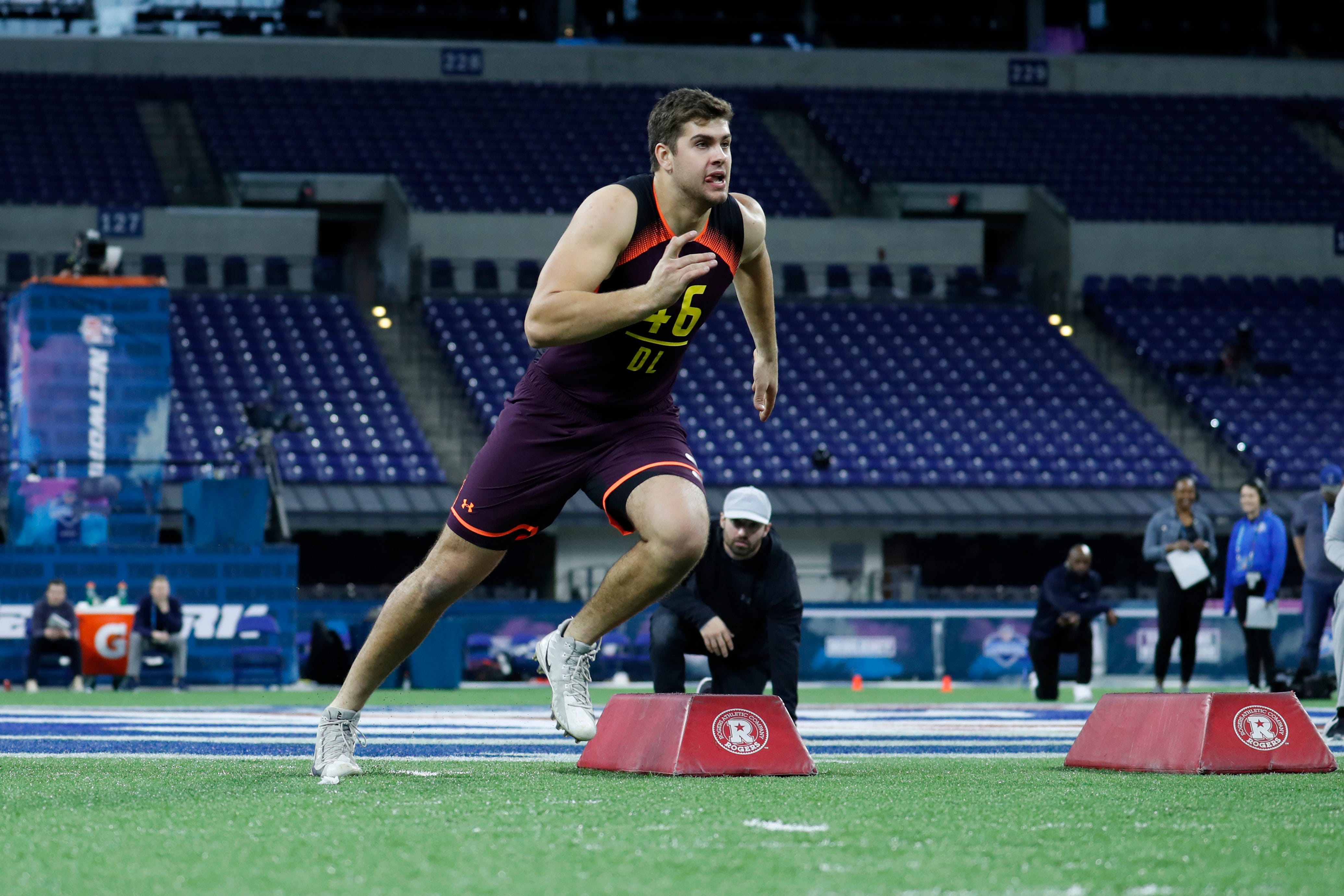 Iowa defensive lineman Anthony Nelson goes through workout drills during the 2019 NFL Combine at Lucas Oil Stadium.