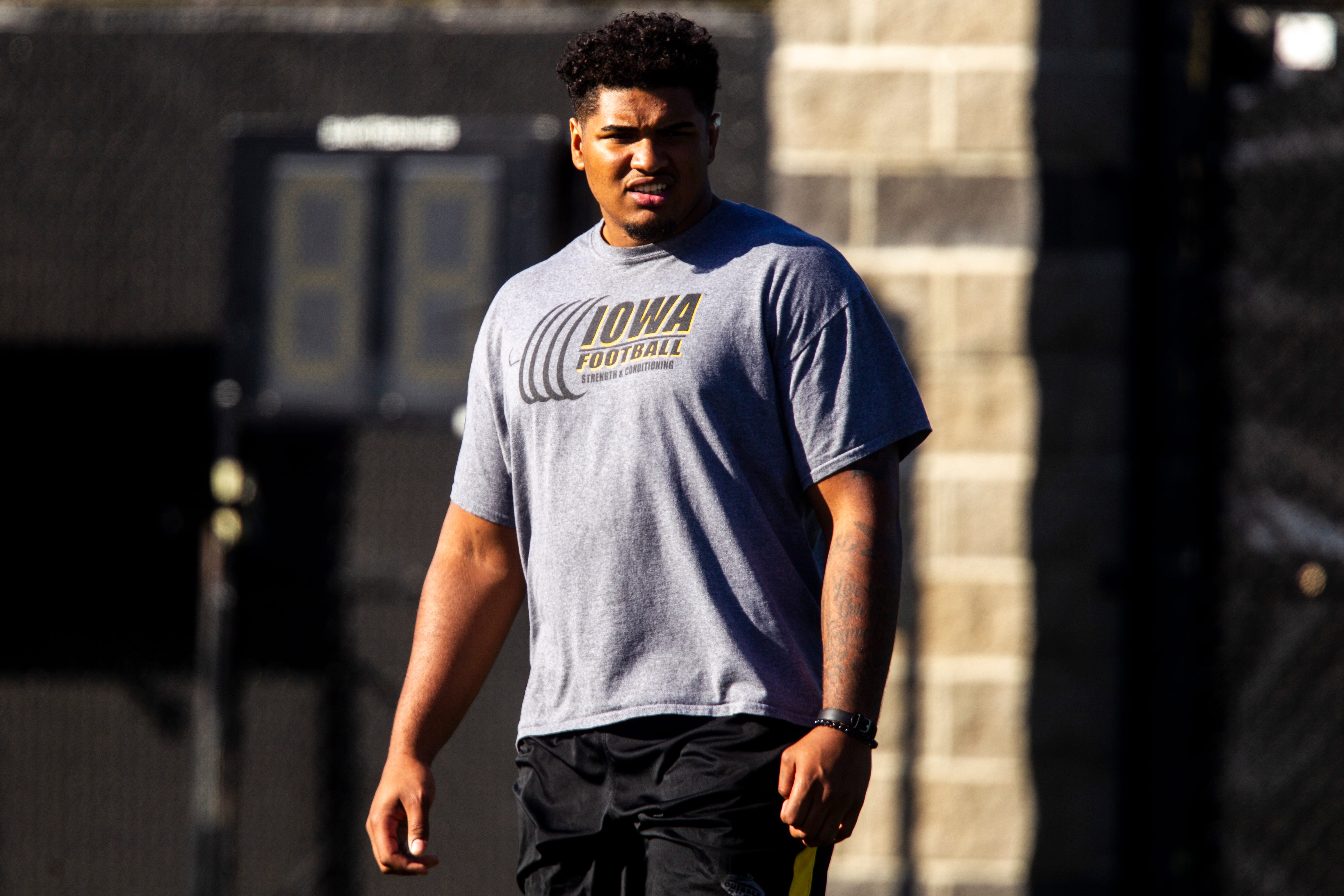 Iowa offensive lineman Tristan Wirfs is pictured during the final spring football practice, Friday, April 26, 2019, at the University of Iowa outdoor practice facility in Iowa City, Iowa.