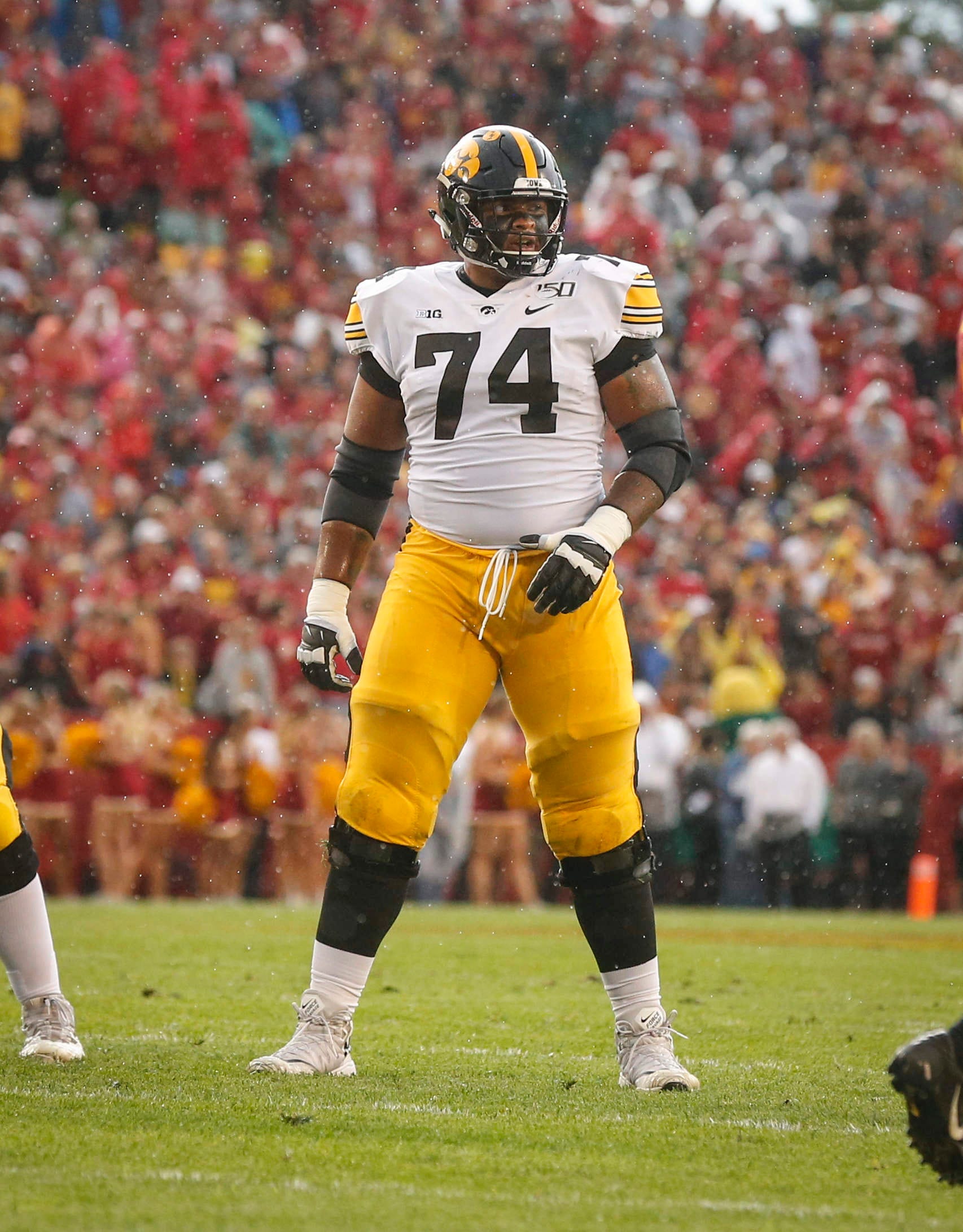 Iowa junior offensive lineman Tristan Wirfs steps to the line in the first quarter against Iowa State on Saturday, Sept. 14, 2019, at Jack Trice Stadium in Ames.