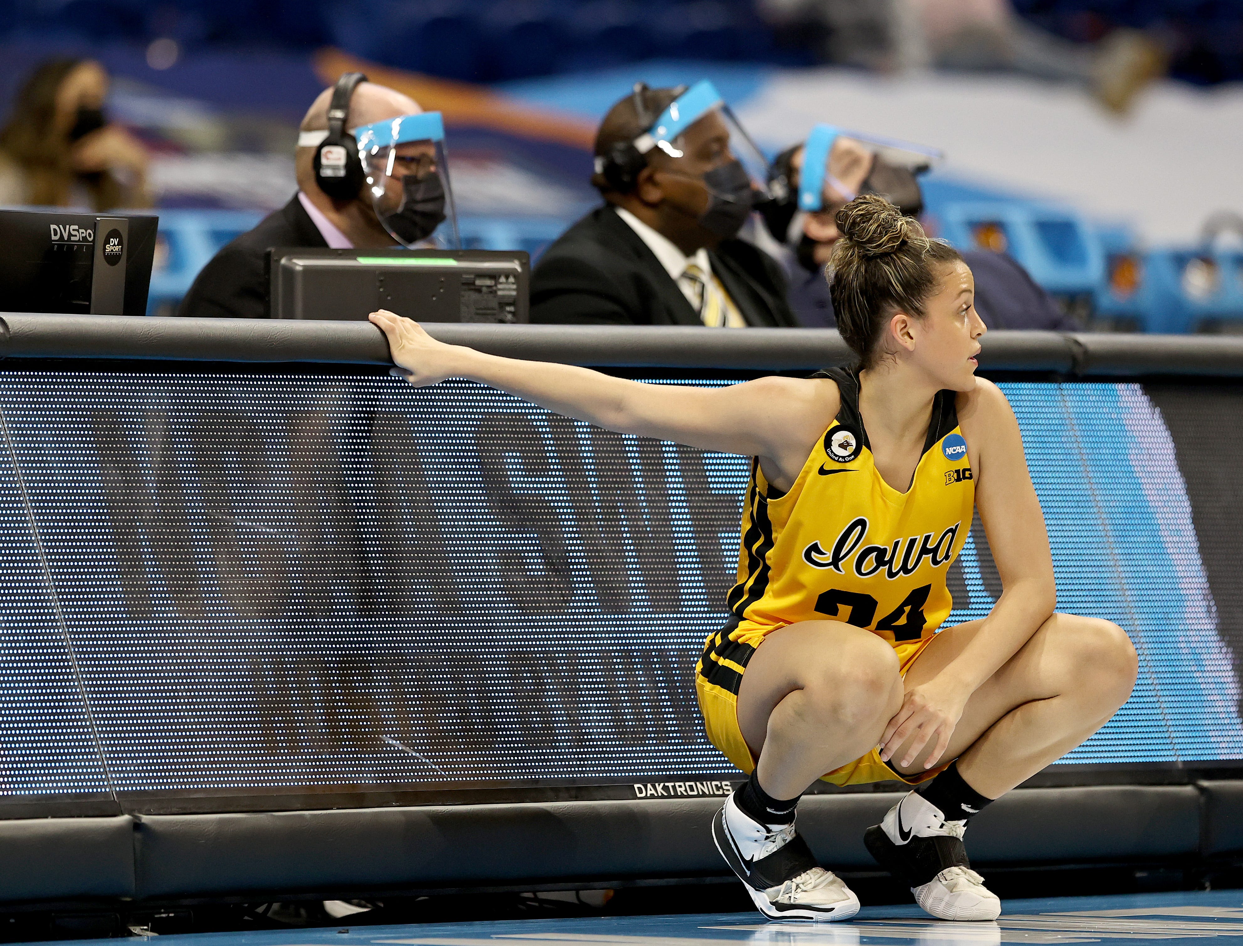 Iowa's Gabbie Marshall (24)  waits to enter the game in the first half against the UConn Huskies during the Sweet 16 round of the NCAA Women's Basketball Tournament at the Alamodome on March 27, 2021 in San Antonio, Texas.