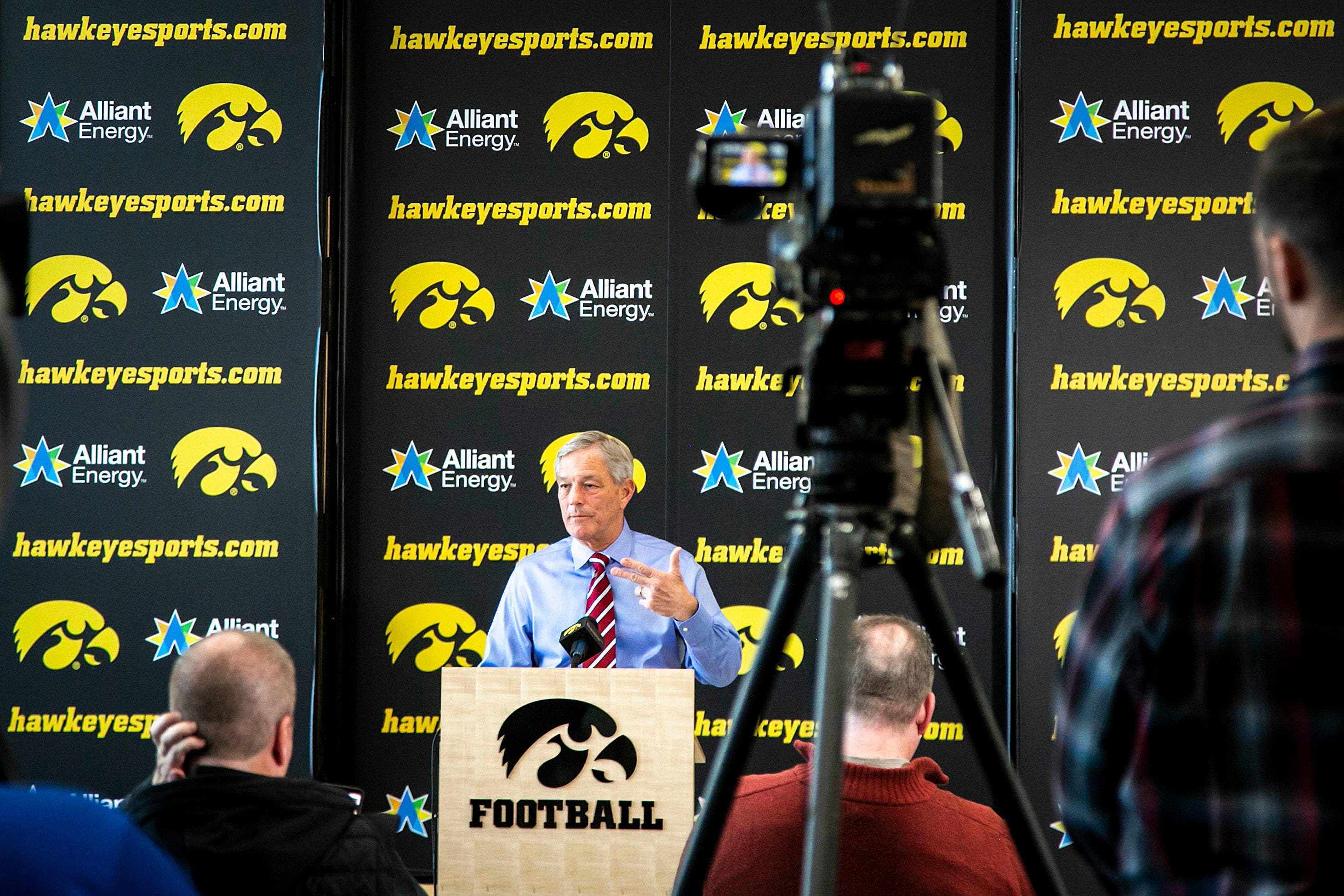 Iowa head coach Kirk Ferentz speaks to reporters during a news conference ahead of the Big Ten Championship football game, Tuesday, Nov. 30, 2021, at the Hansen Football Performance Center in Iowa City, Iowa.