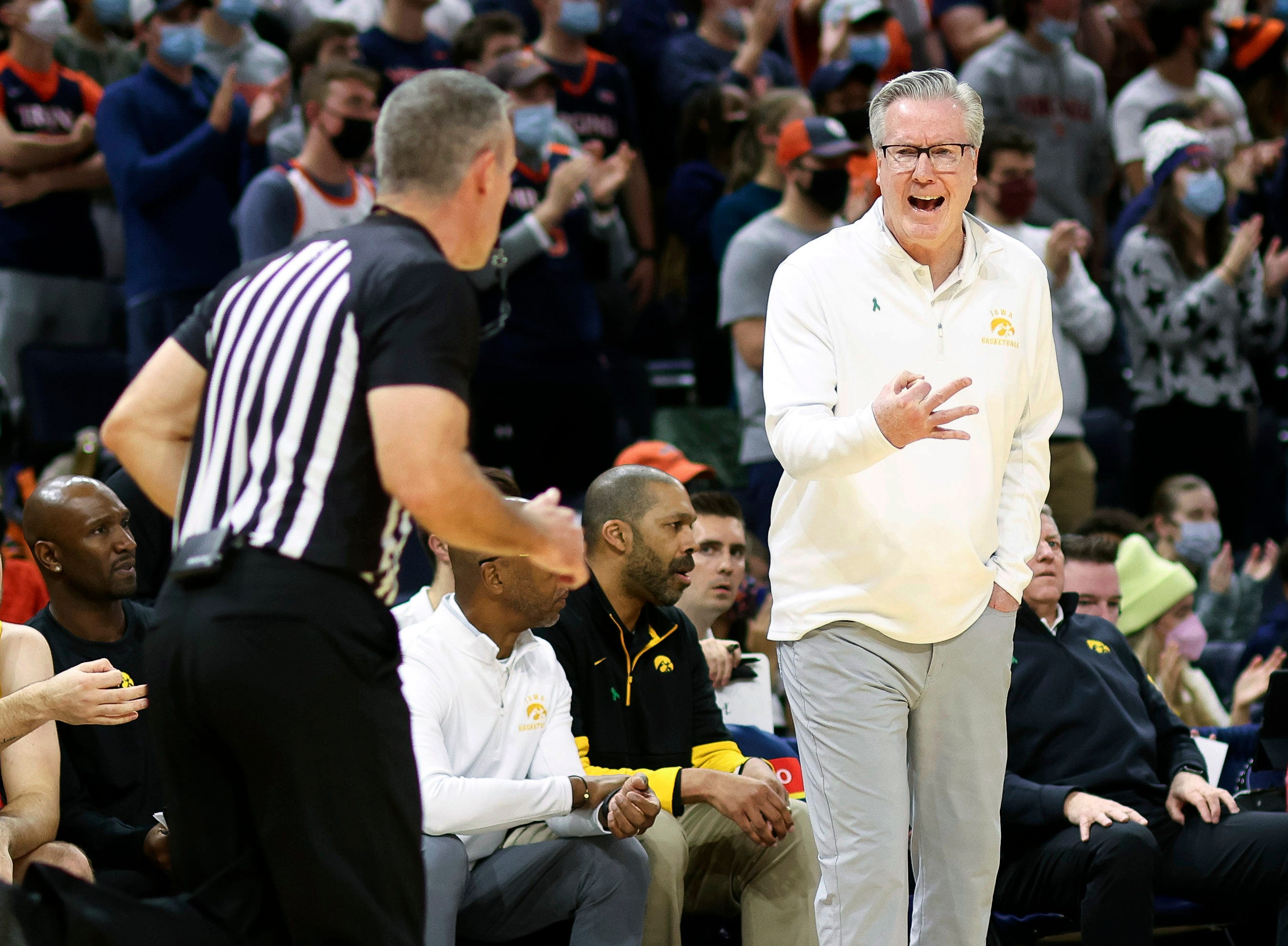 Iowa head coach Fran McCaffery reacts to a call during the first half of an NCAA college basketball game against Virginia, Monday, Nov. 29, 2021, in Charlottesville, Va.