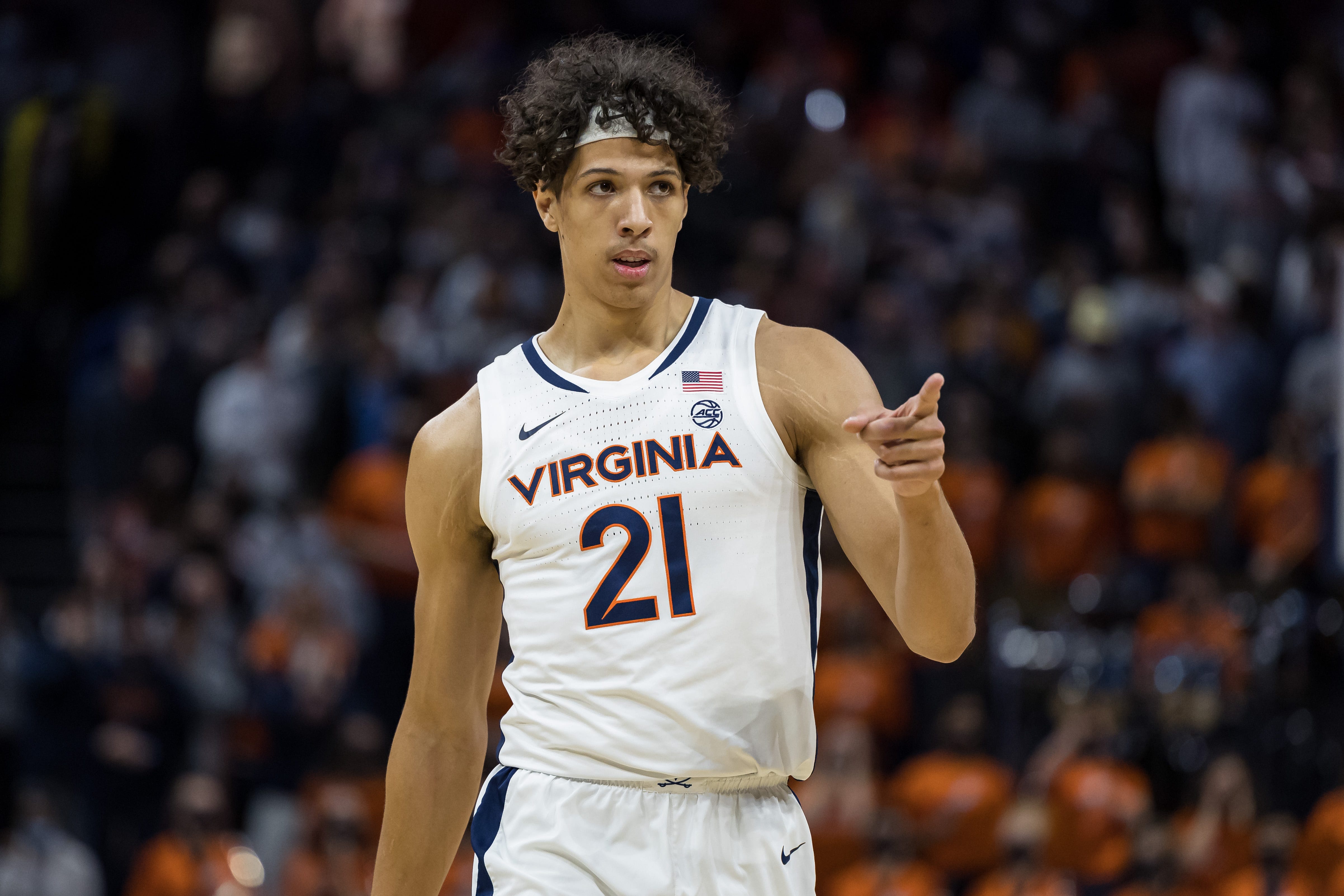 Virginia Cavaliers forward Kadin Shedrick (21) reacts after a play against the Iowa Hawkeyes during the second half, Monday, Nov. 29, 2021, at John Paul Jones Arena in Charlottesville, Va.