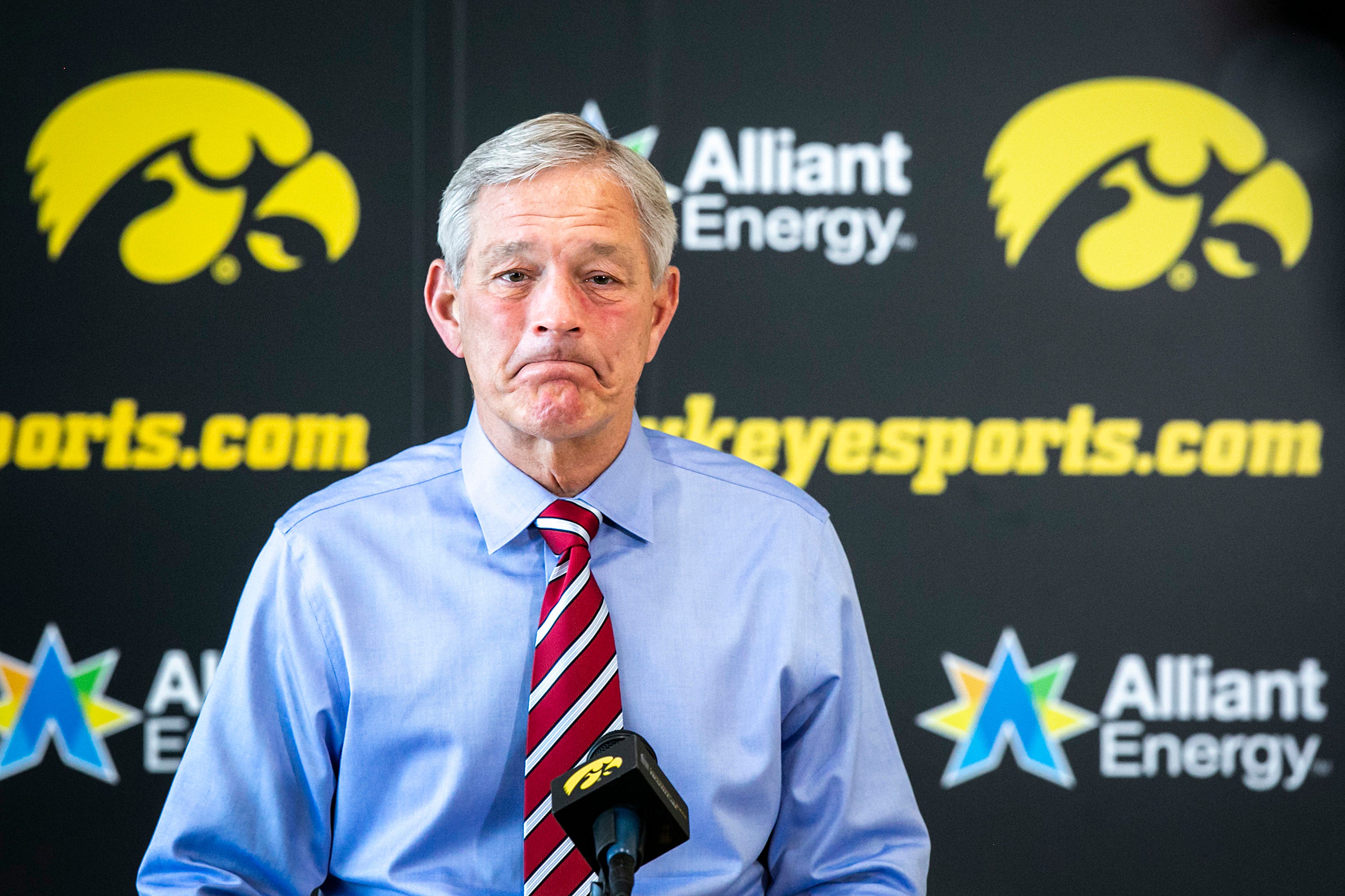 Iowa head coach Kirk Ferentz gets emotional while speaking to reporters during a news conference ahead of the Big Ten Championship football game, Tuesday, Nov. 30, 2021, at the Hansen Football Performance Center in Iowa City, Iowa.