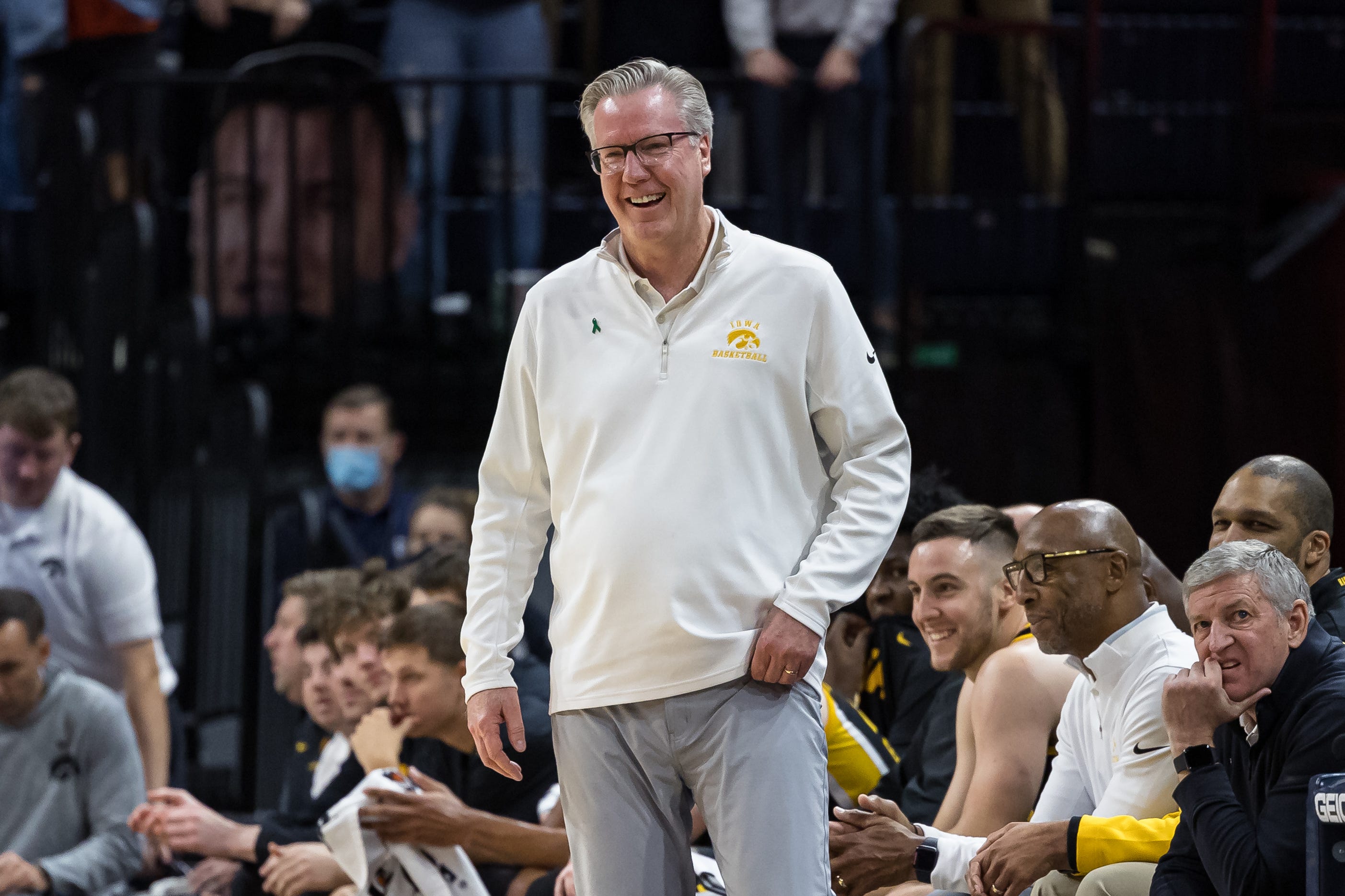 Iowa Hawkeyes head coach Fran McCaffery reacts to a play against the Virginia Cavaliers during the first half, Monday, Nov. 29, 2021, at John Paul Jones Arena in Charlottesville, Va.