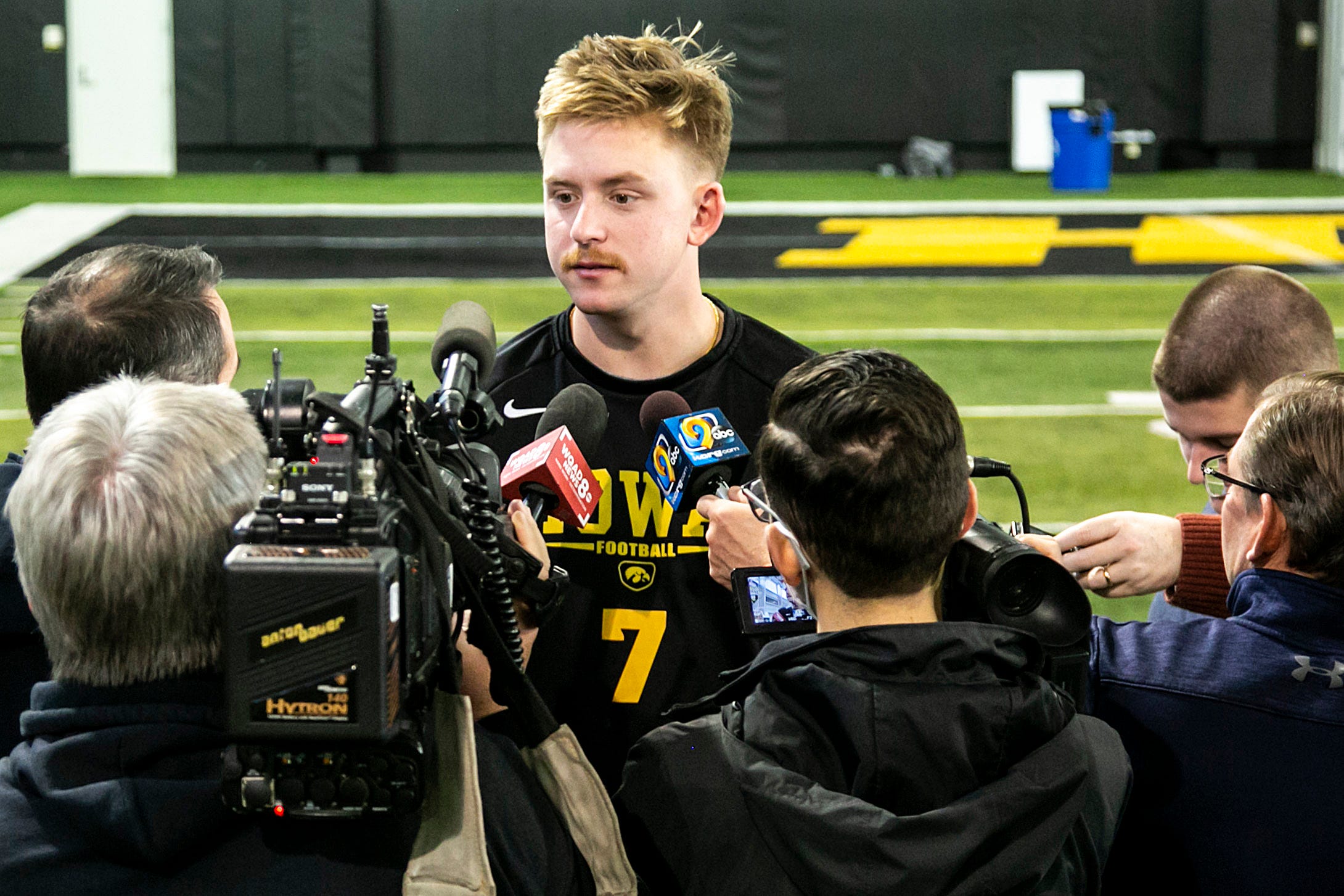Iowa quarterback Spencer Petras speaks to reporters, Tuesday, Nov. 30, 2021, at the Hansen Football Performance Center in Iowa City, Iowa.