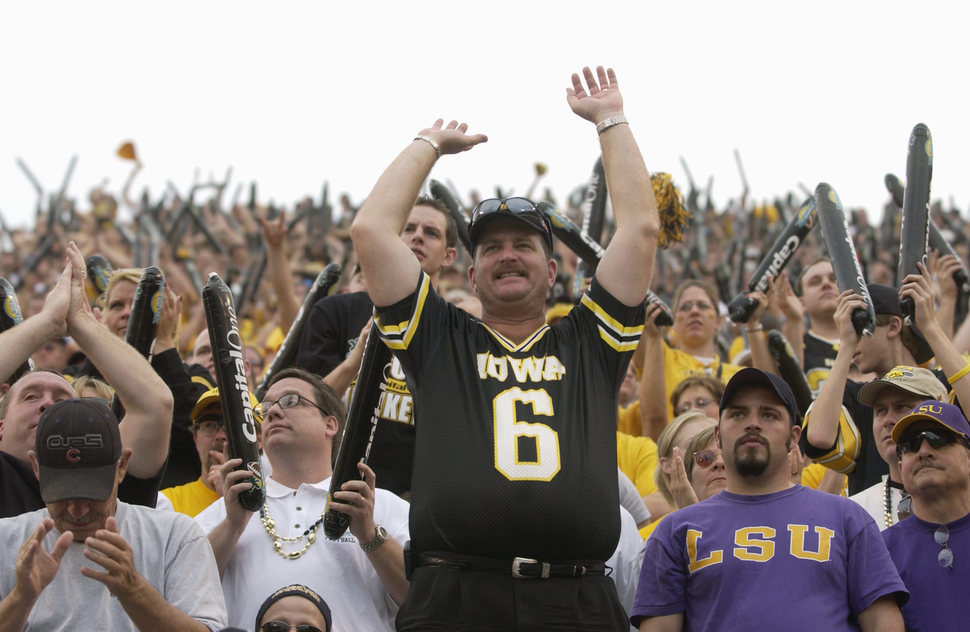 A Iowa Hawkeyes fan watches the action on the field during the Capital One Bowl game against the LSU Tigers at the Florida Citrus Bowl on Saturday, Jan. 1, 2005 in Orlando.